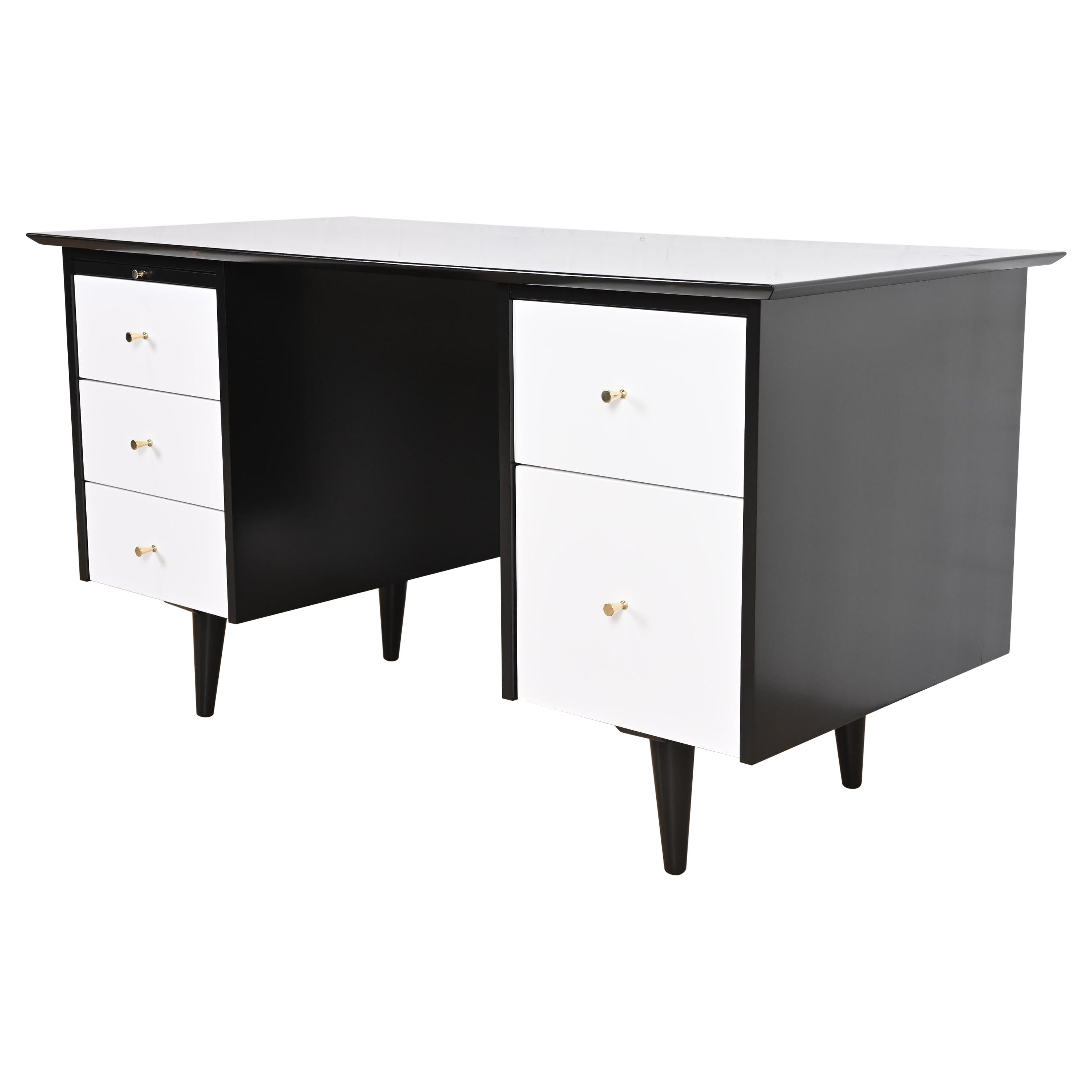 Paul McCobb Planner Group Black and White Lacquered Double Pedestal Desk, 1950s For Sale