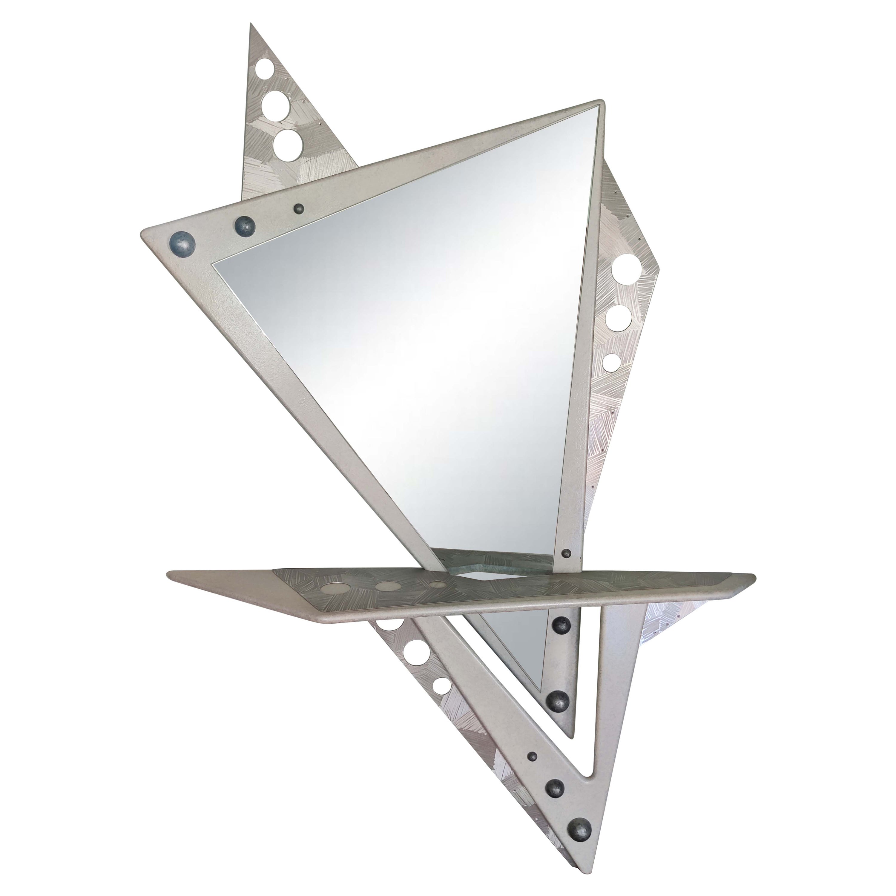 Buck Rogers Inspired Wall Mirror & Overlapping Console Table 1980s Memphis Style For Sale