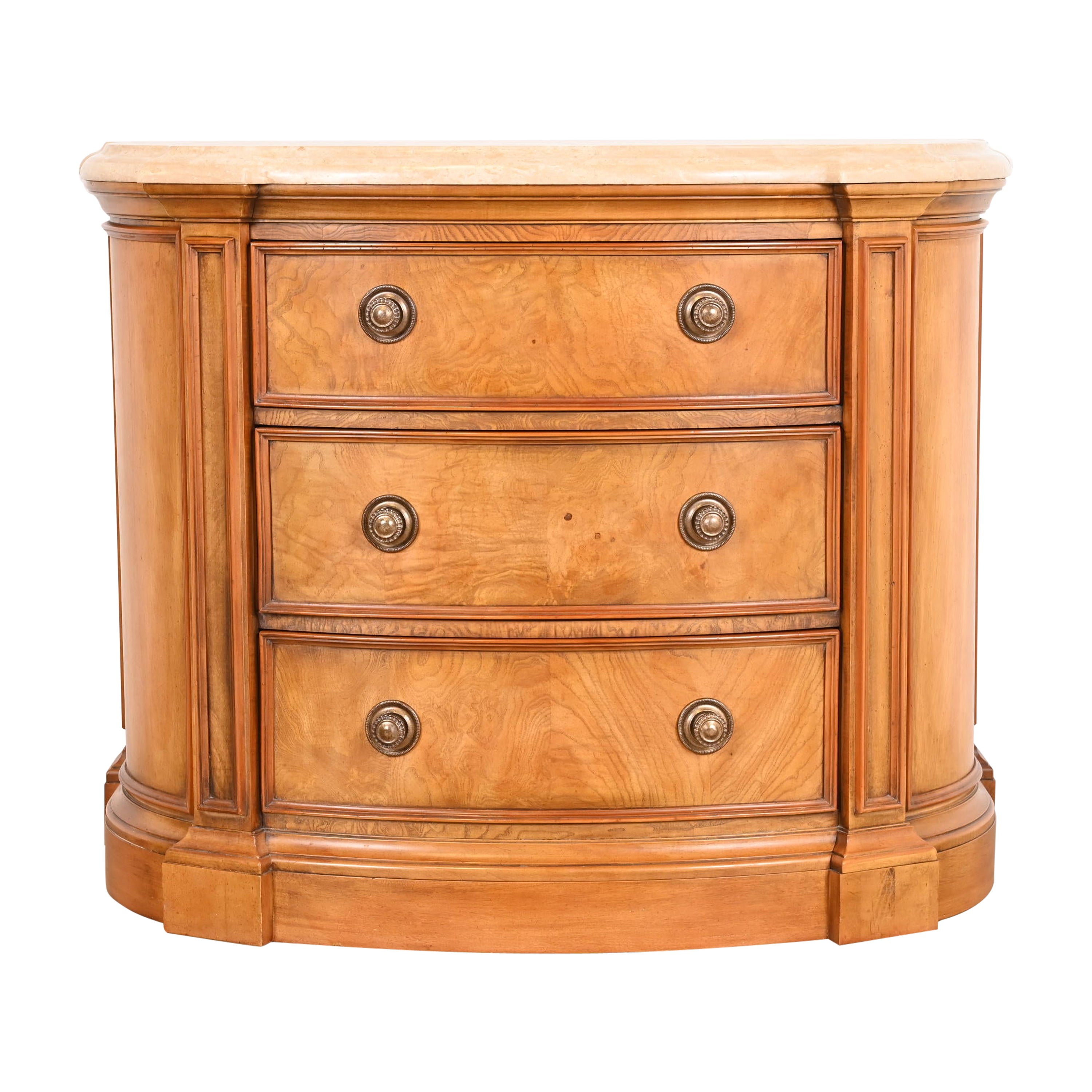 Henredon Burl Wood Regency Marble Top Demilune Commode or Chest of Drawers For Sale