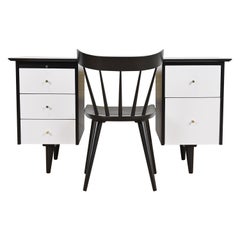 Paul McCobb Planner Group Black and White Lacquer Double Pedestal Desk and Chair
