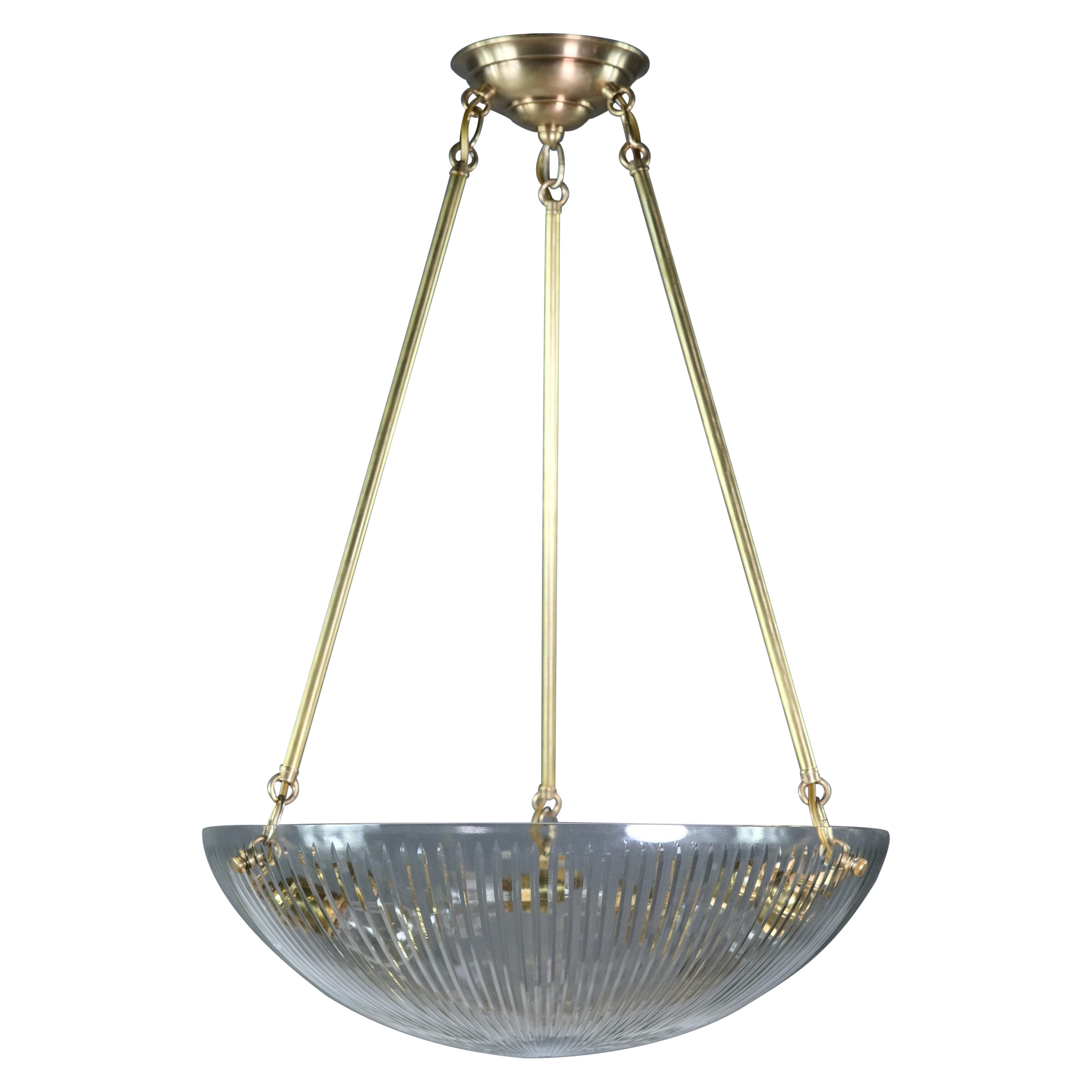 Brass 3 Legged Pendant Light Fluted Clear Glass Dish Shade For Sale