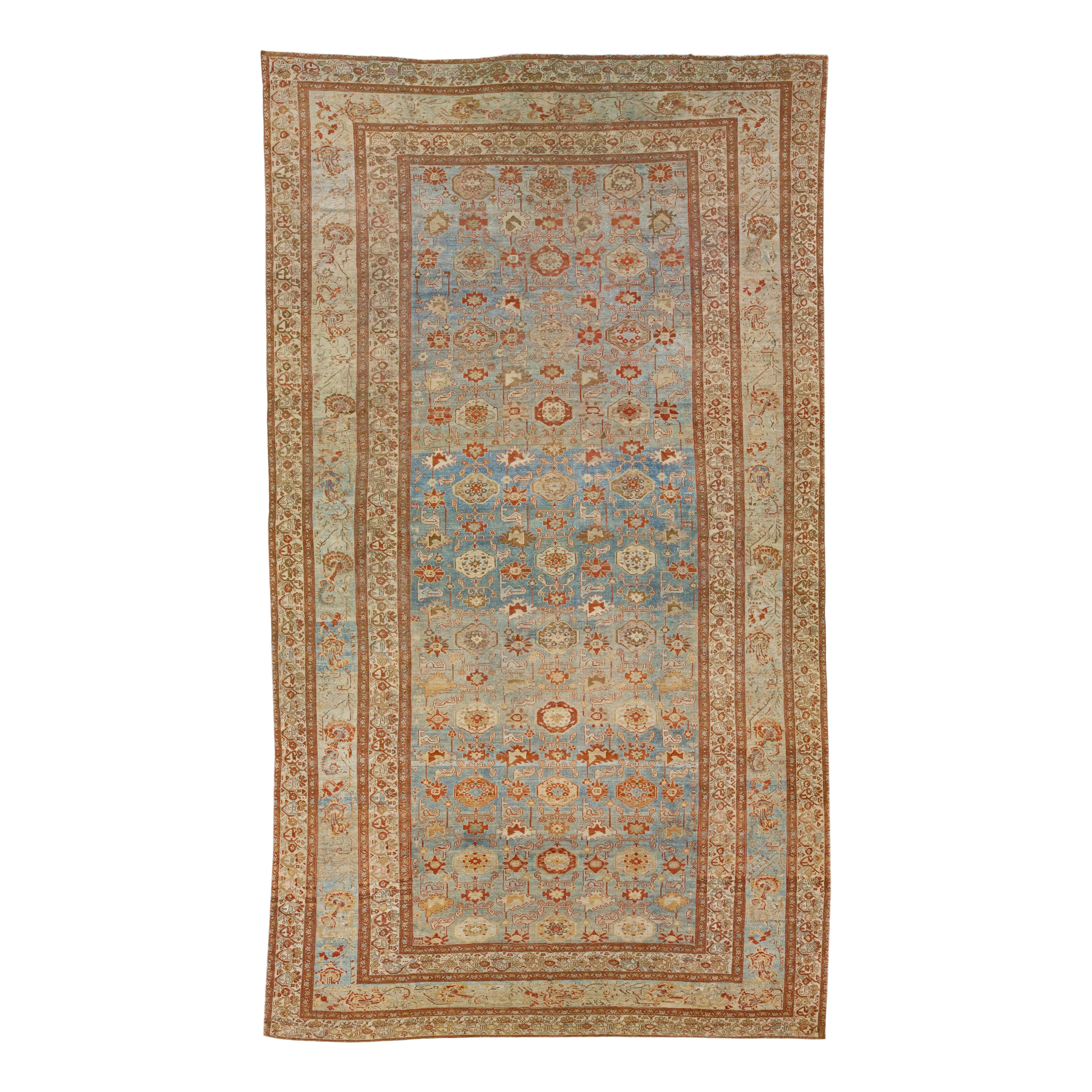 Tapis persan ancien en laine bleue Malayer fait à la main avec motif floral sur toute sa surface
