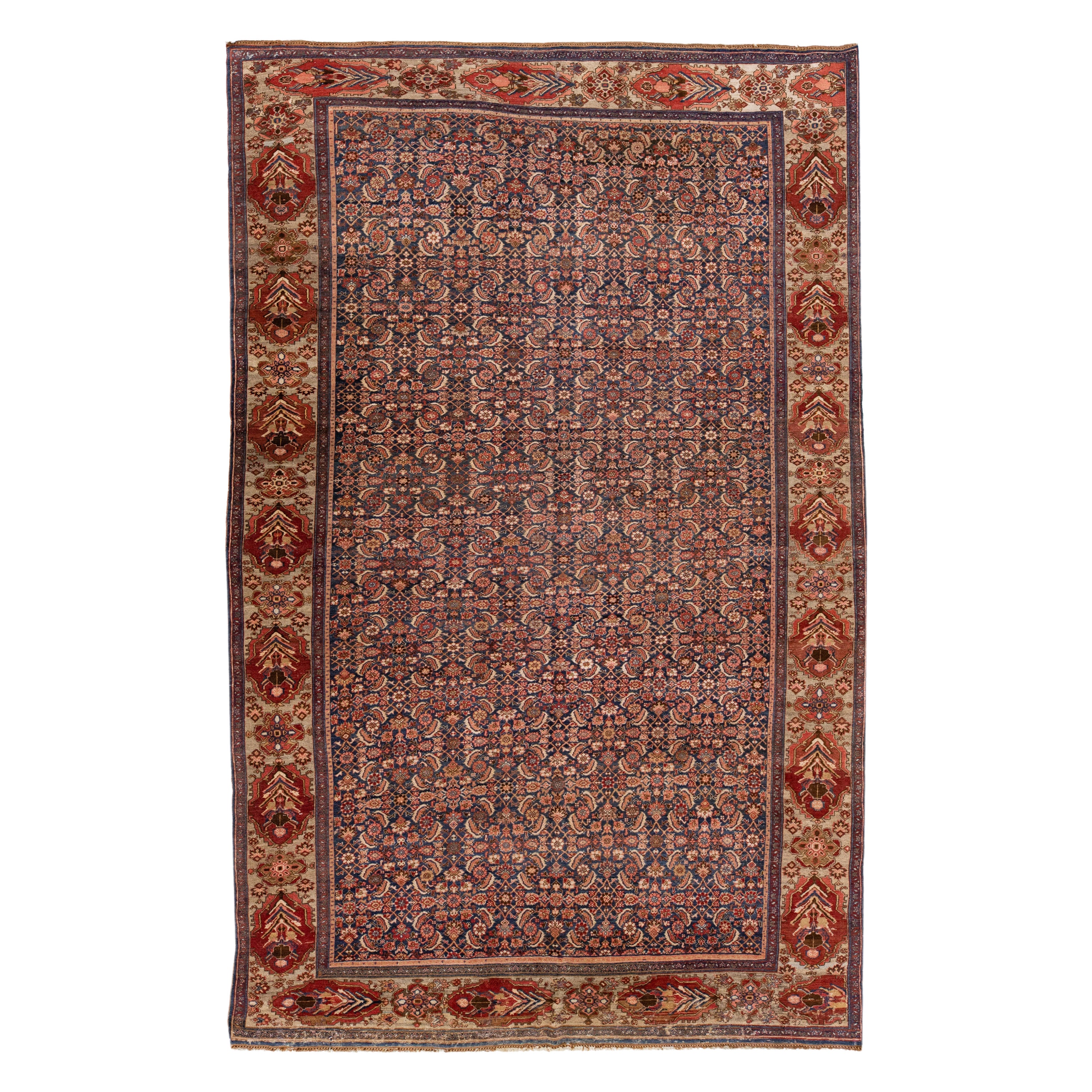 Allover Handmade Antique Bidjar Wool Rug With Blue & Rust Color Field For Sale
