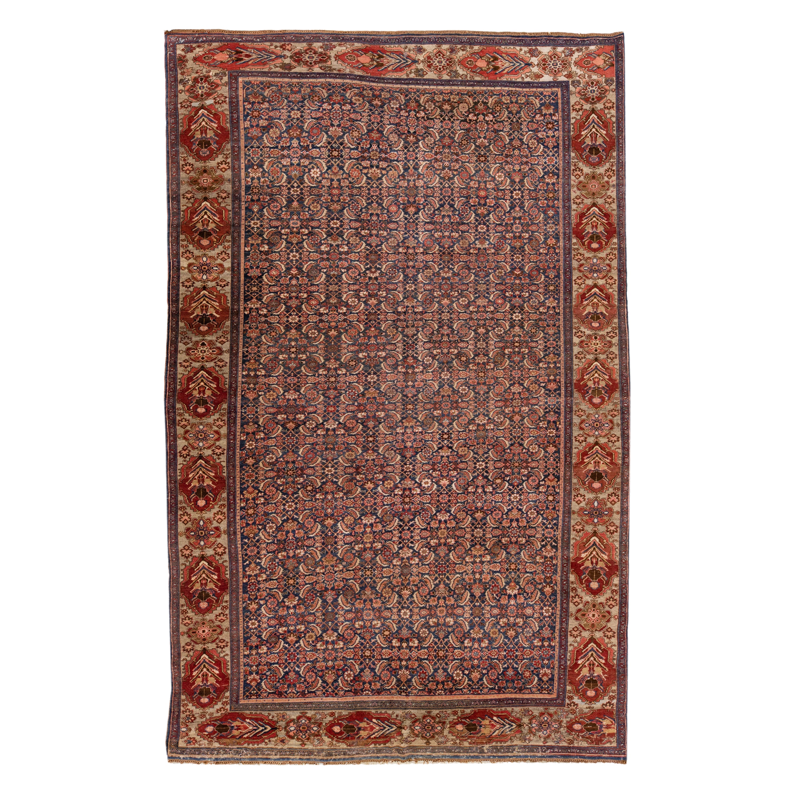 Allover Handgefertigter antiker Bidjar-Wollteppich mit blauem und rostfarbenem Farbfeld