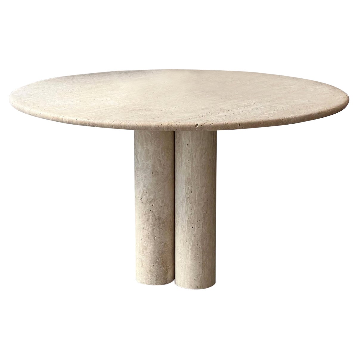 Cream Travertine Round Dining Table, in the style of 1970 Mario Bellini