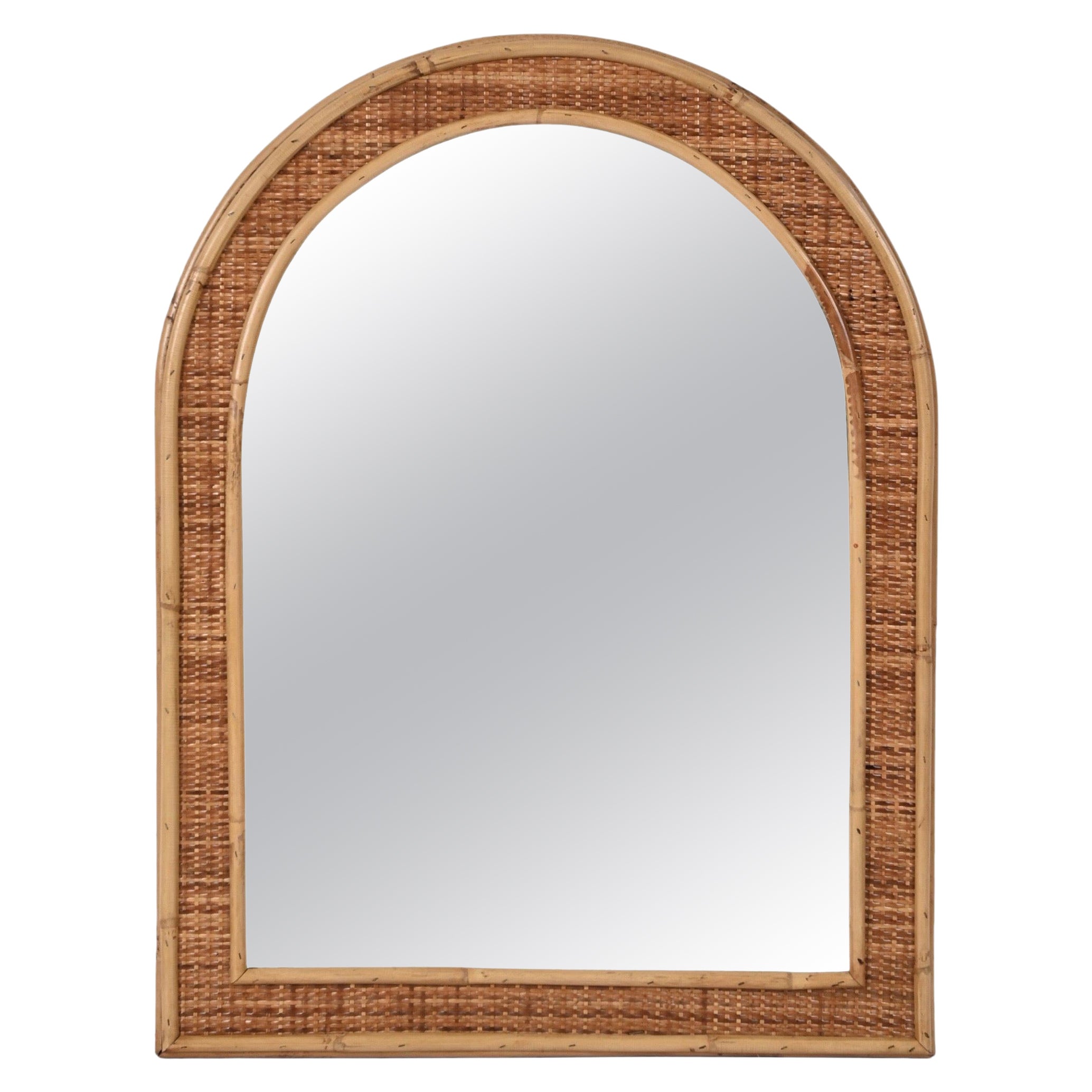 Mid-Century Bamboo and Woven Wicker Arch Mirror, Italy, 1970 For Sale