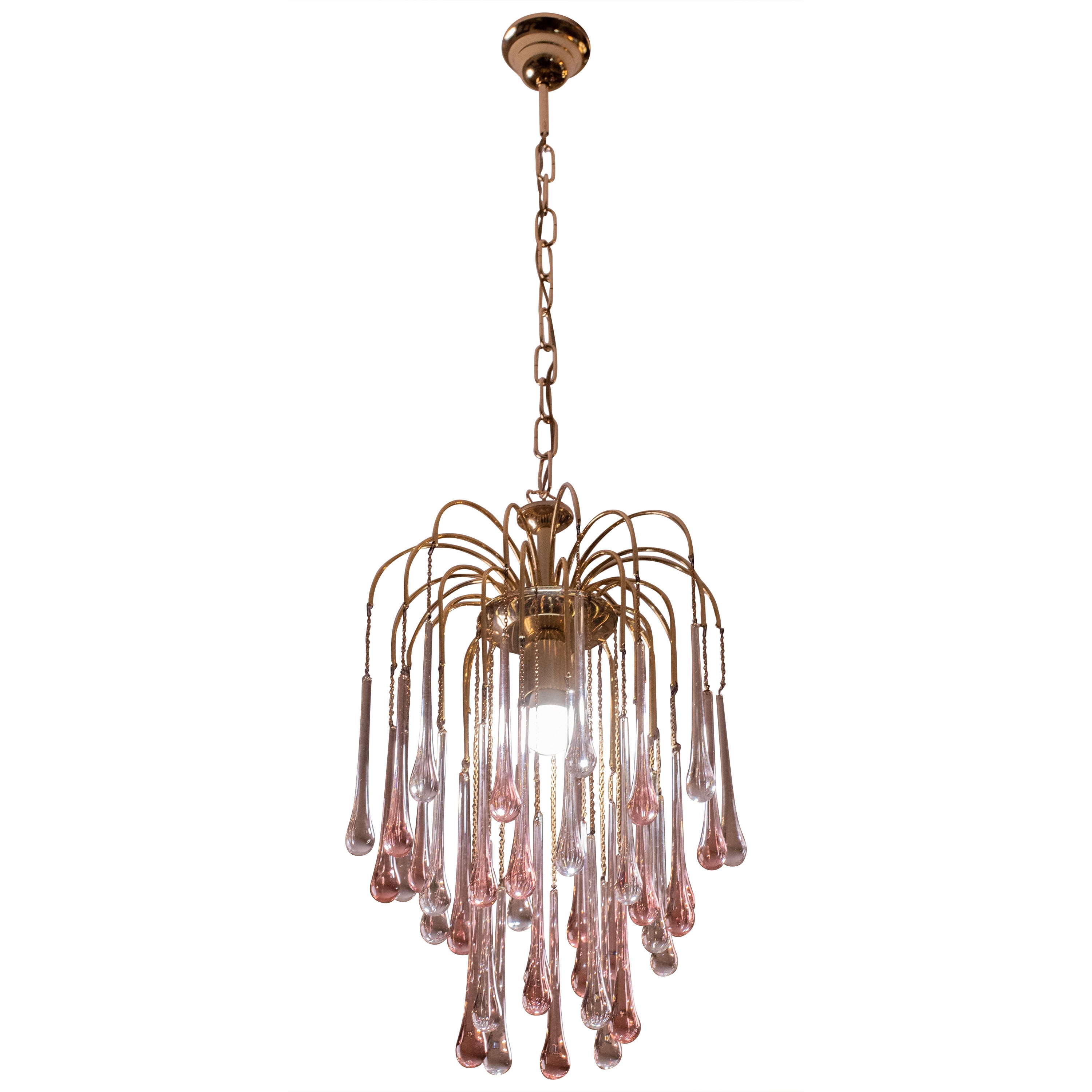 Lady Grace, Chandelier with Pink and Transparent Pendants, Murano Glass, 1970s For Sale
