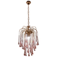 Vintage Lady Grace, Chandelier with Pink and Transparent Pendants, Murano Glass, 1970s