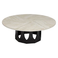 Harvey Probber Travertine Top Cocktail Table on Pierced Walnut Hexagonal Base