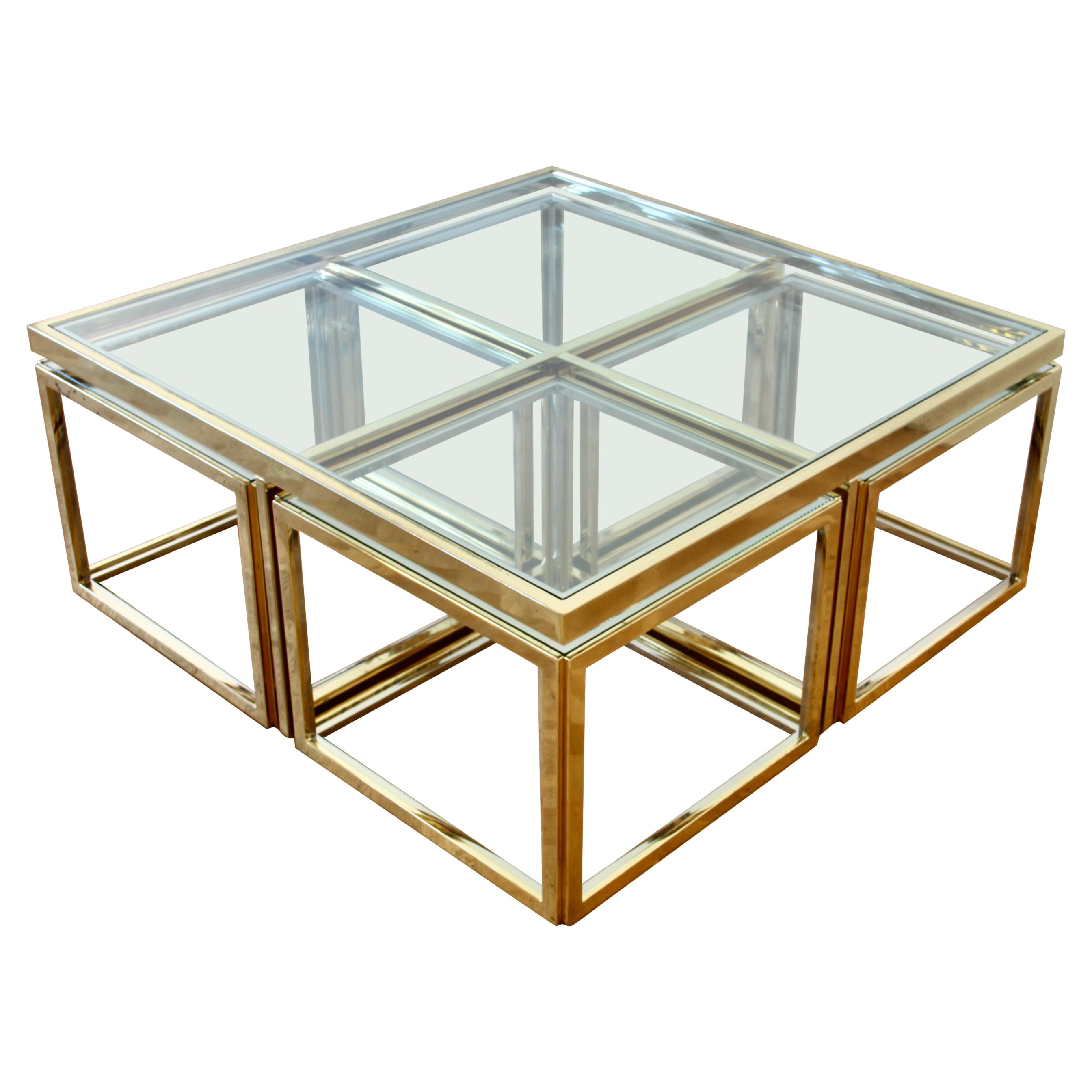 Maison Charles Style Brass / Chrome Bicolor Coffee Table & Nesting Tables, 1970s