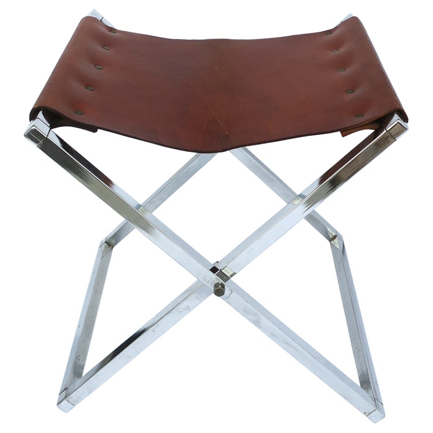 Leather and Chrome Campaign Bench or Stool For Sale