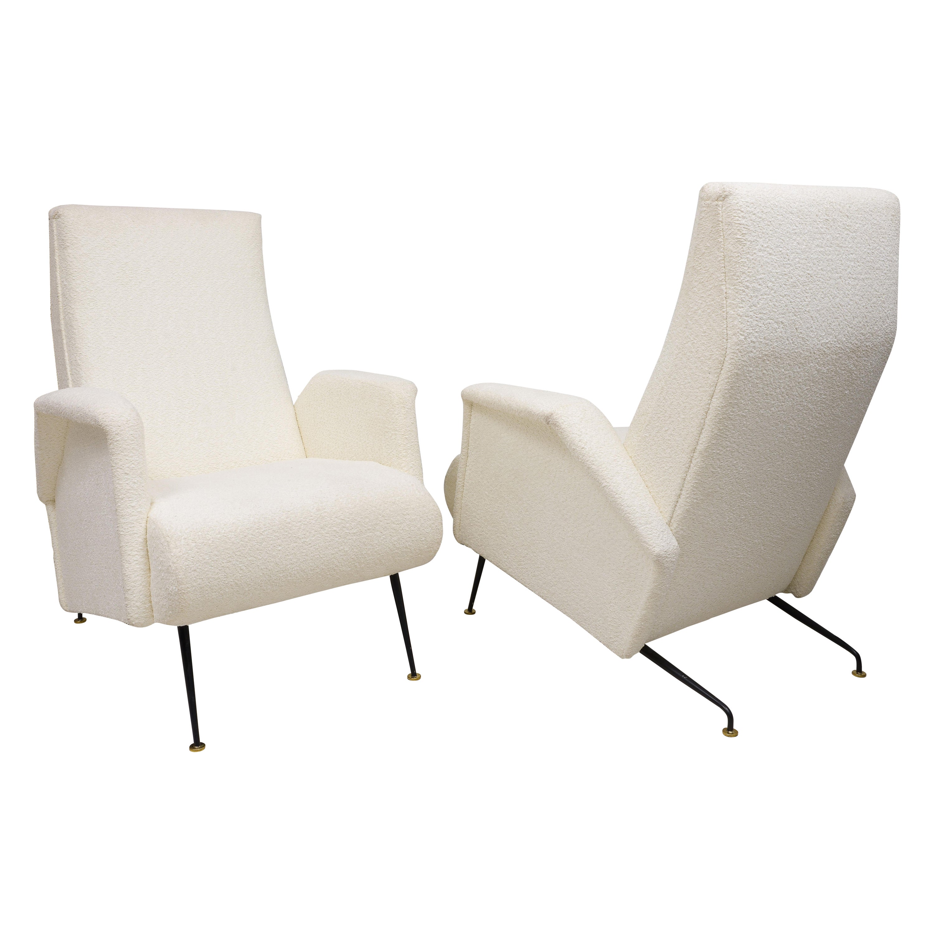 Pair of Italian Mid-century Lounge Chairs Upholstered in Bouclé Fabric