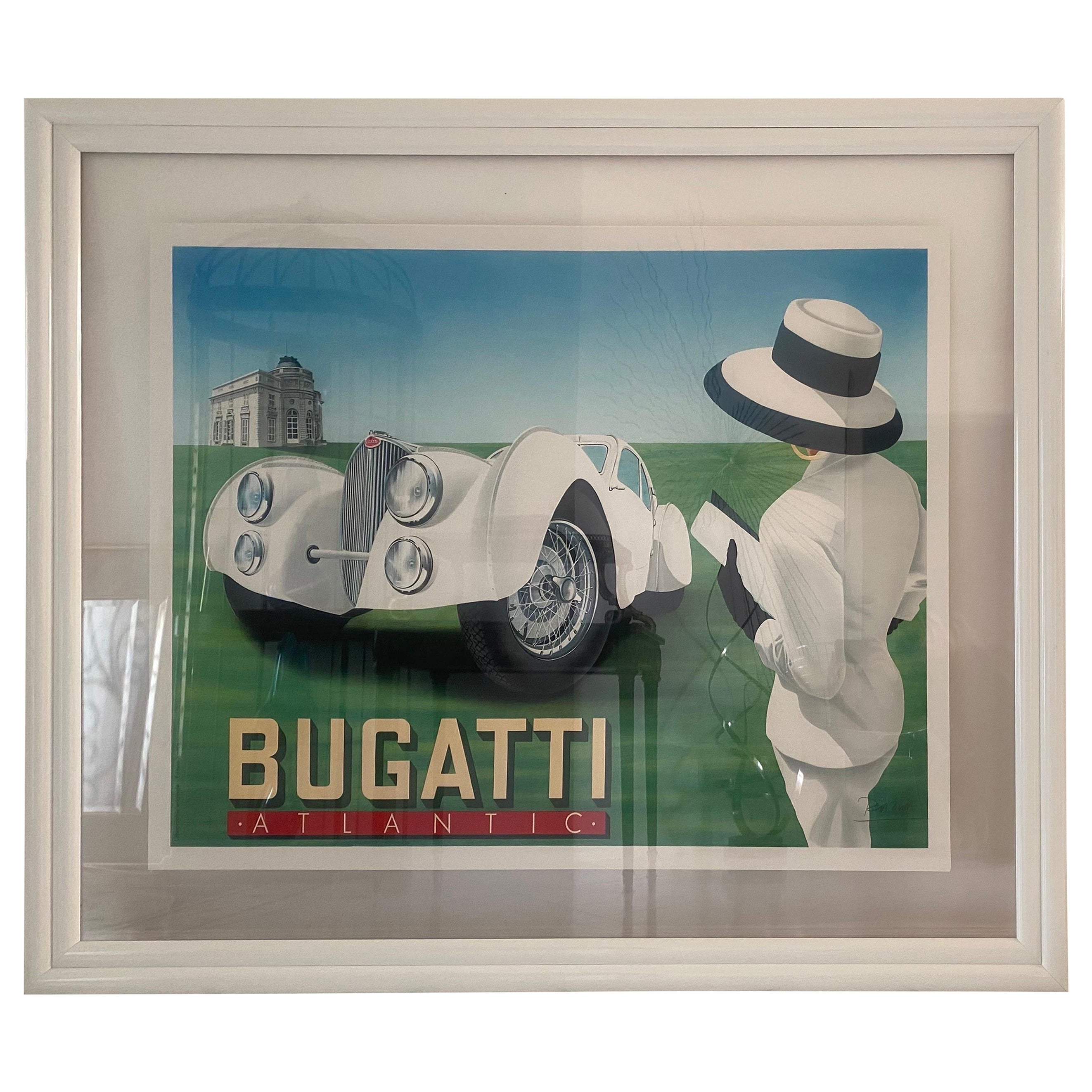 Rare affiche Atlantic de Razzia Bugatti encadrée et signée à la main en vente