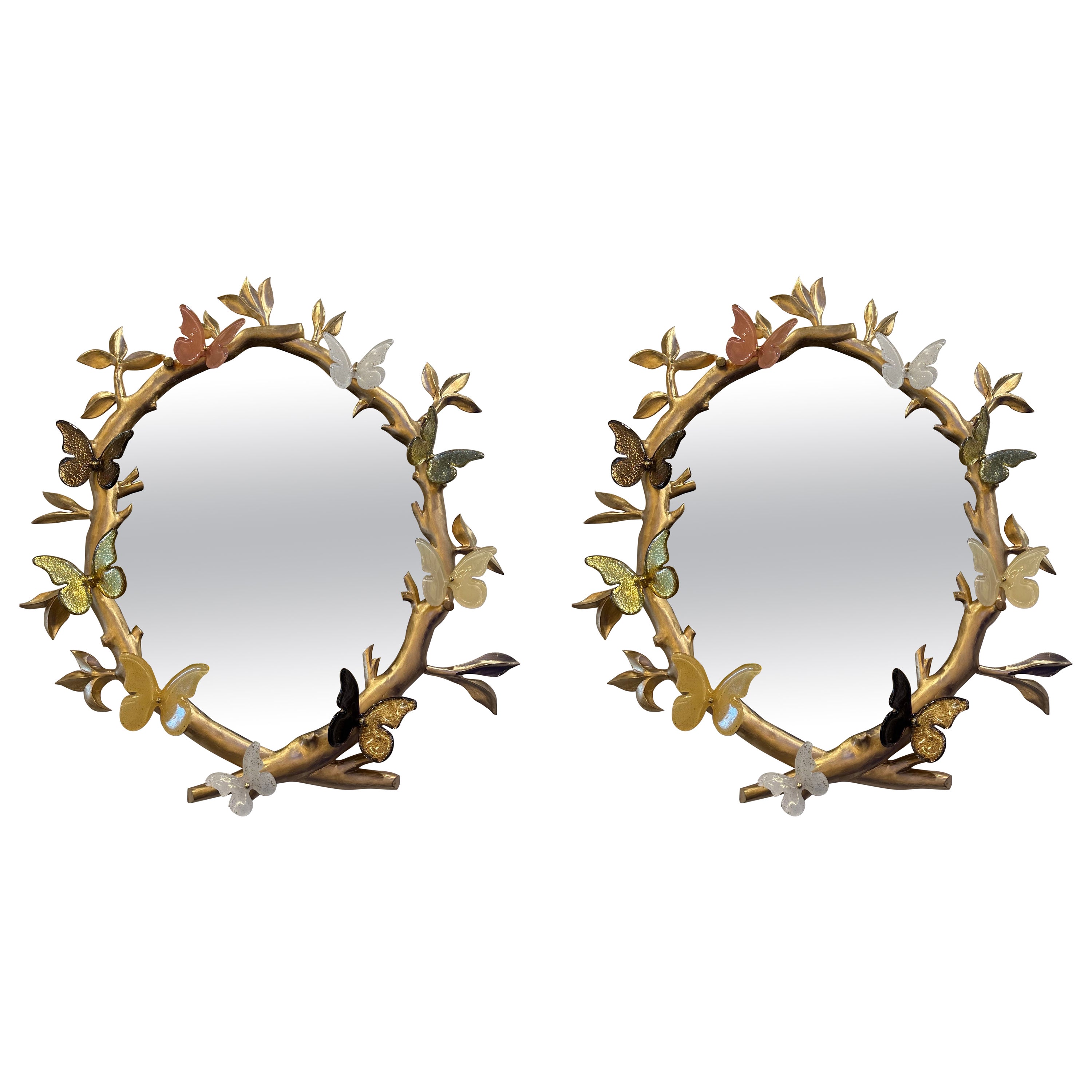 Pair of Italian Hand Carved Gilded Wood Mirrors with Murano Glass Butterflies