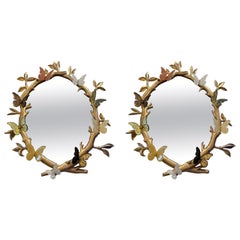 Pair of Italian Hand Carved Gilded Wood Mirrors with Murano Glass Butterflies