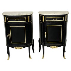 Hollywood Regency Ebony Marble-Top Louis XV Style Nightstand End Tables, Pair