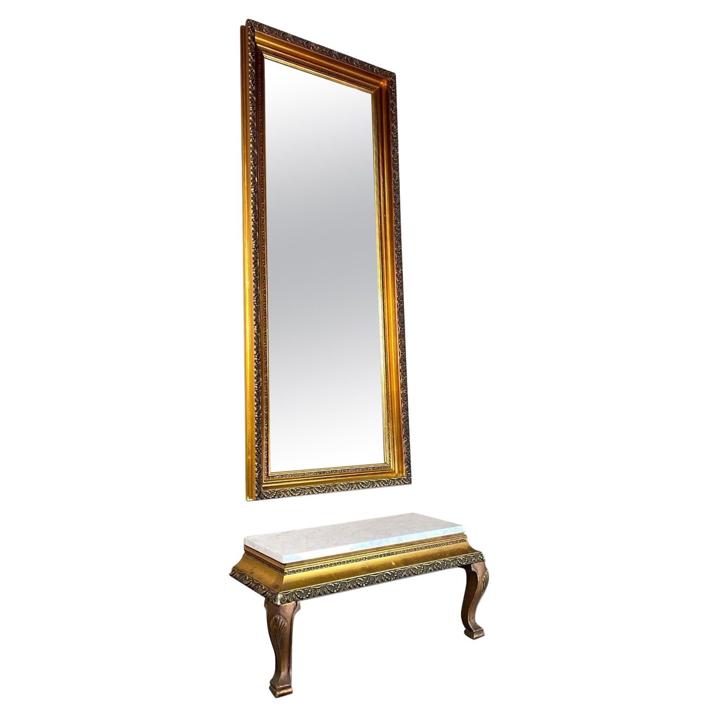 Vintage 1960s Gold Wall Mirror and Italian Marble Console Table Set For Sale
