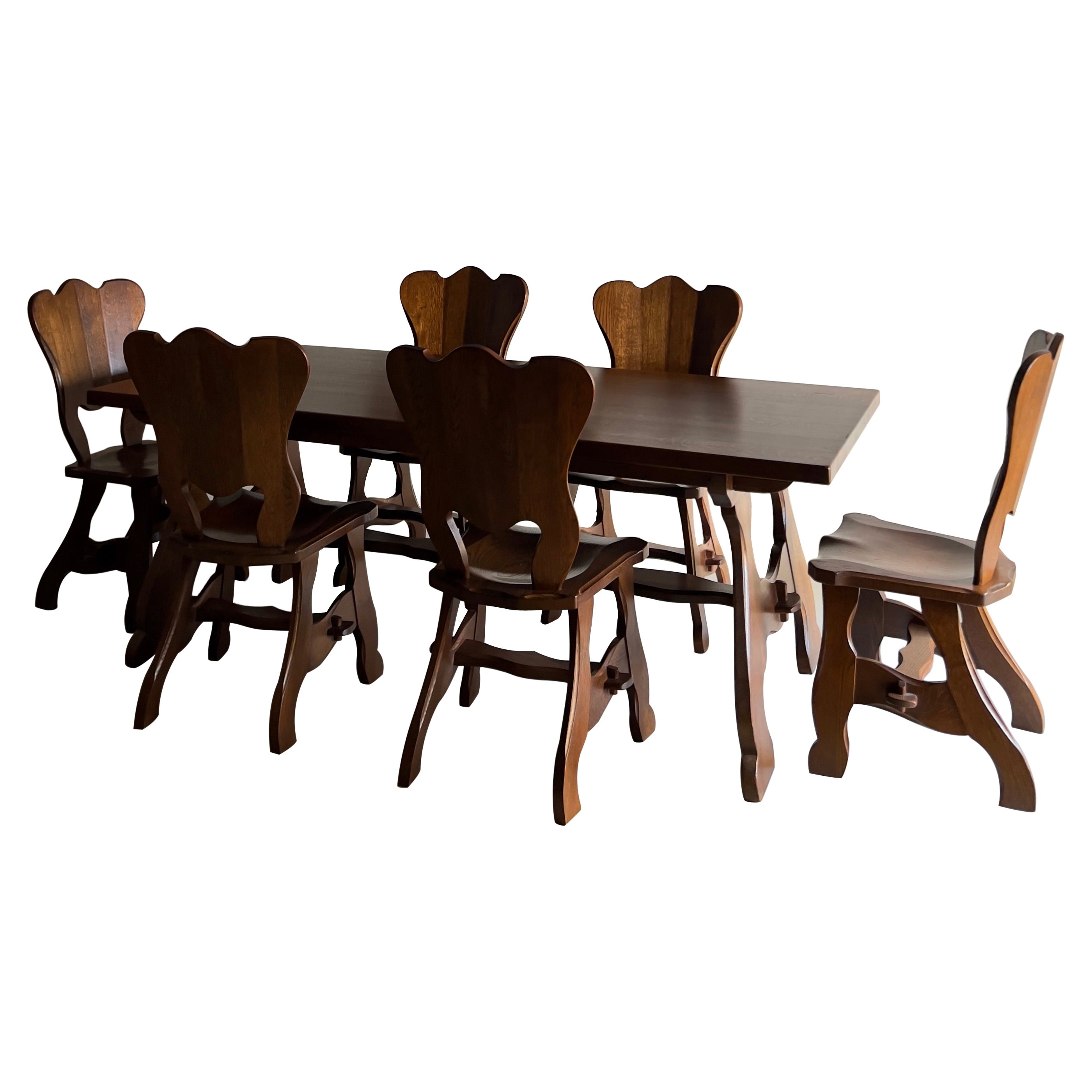 Brutalist Oak Dining Table Set with Six Chairs, Netherlands, 1970s