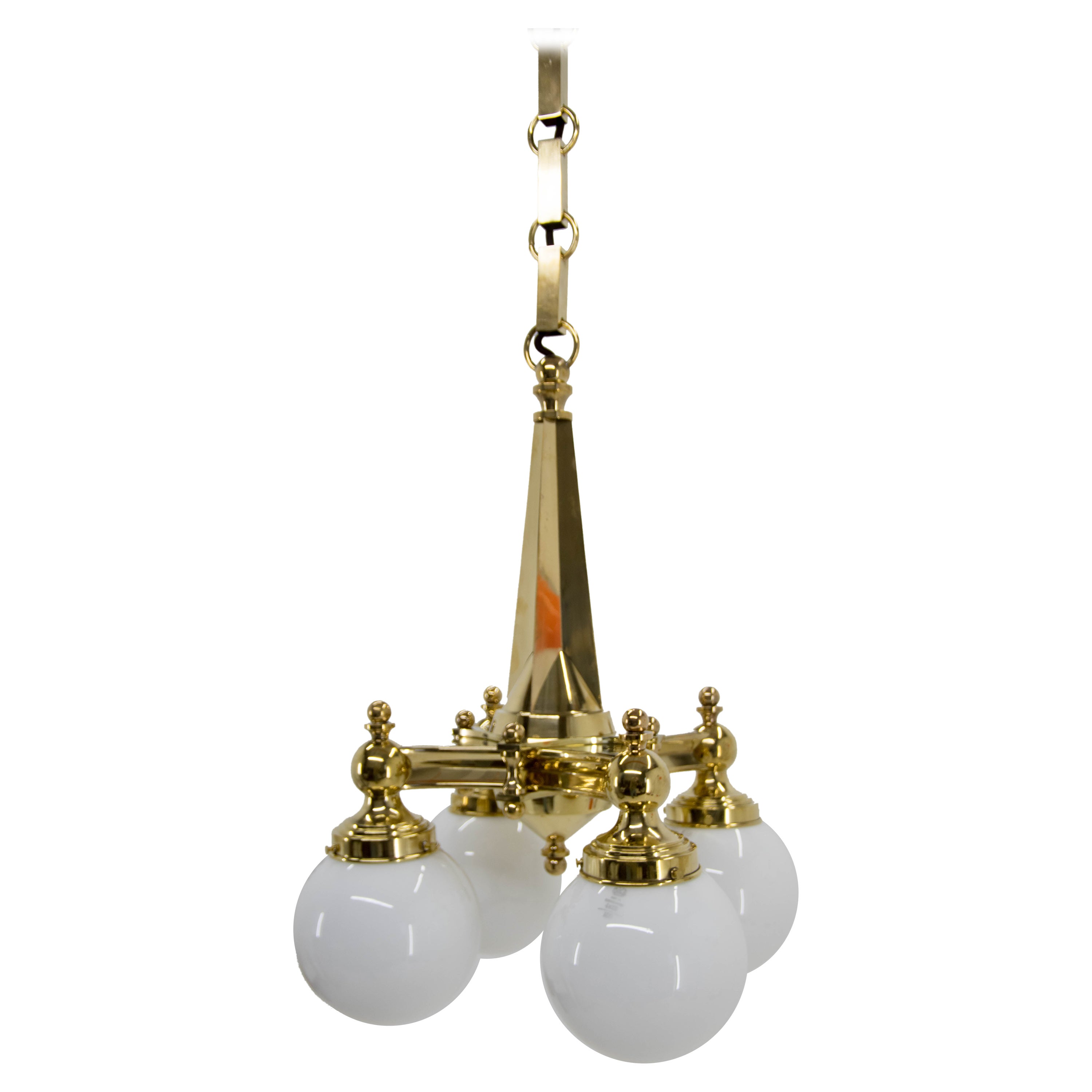 Art Deco Brass 4-Flamming Chandelier, 1920s, Restored