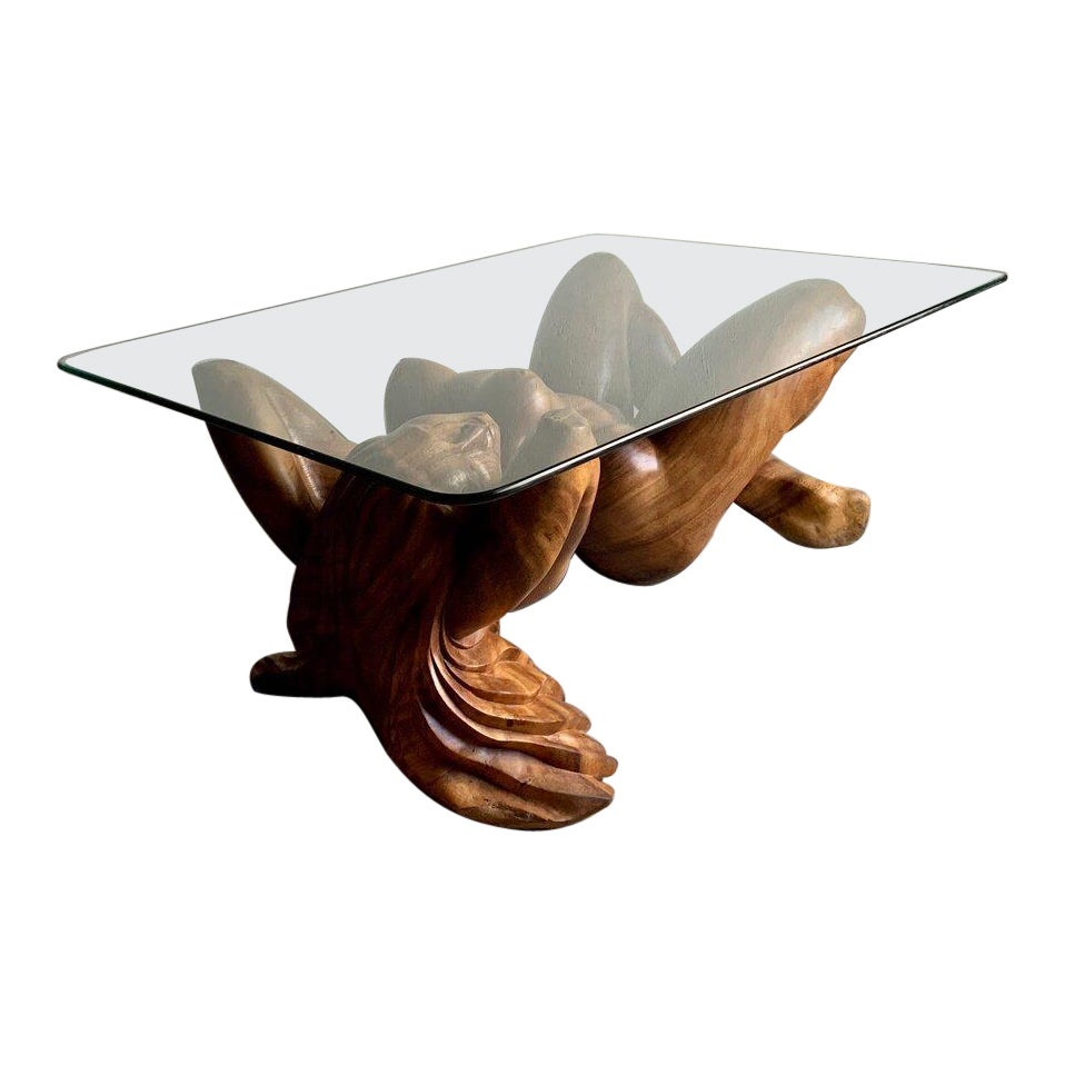 Base per tavolino da caffè vintage scolpita a mano in legno con scultura di nudo femminile