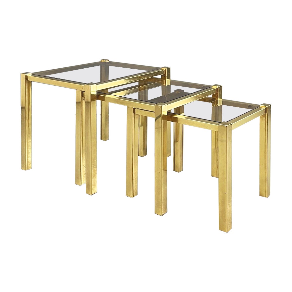 Italian Modern Trio of coffee Tables in Brass and Smoked Glass, 1970s For Sale