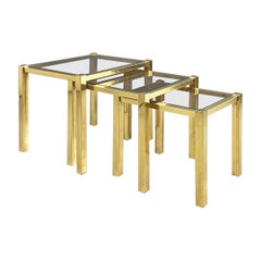 Retro Italian Modern Trio of coffee Tables in Brass and Smoked Glass, 1970s