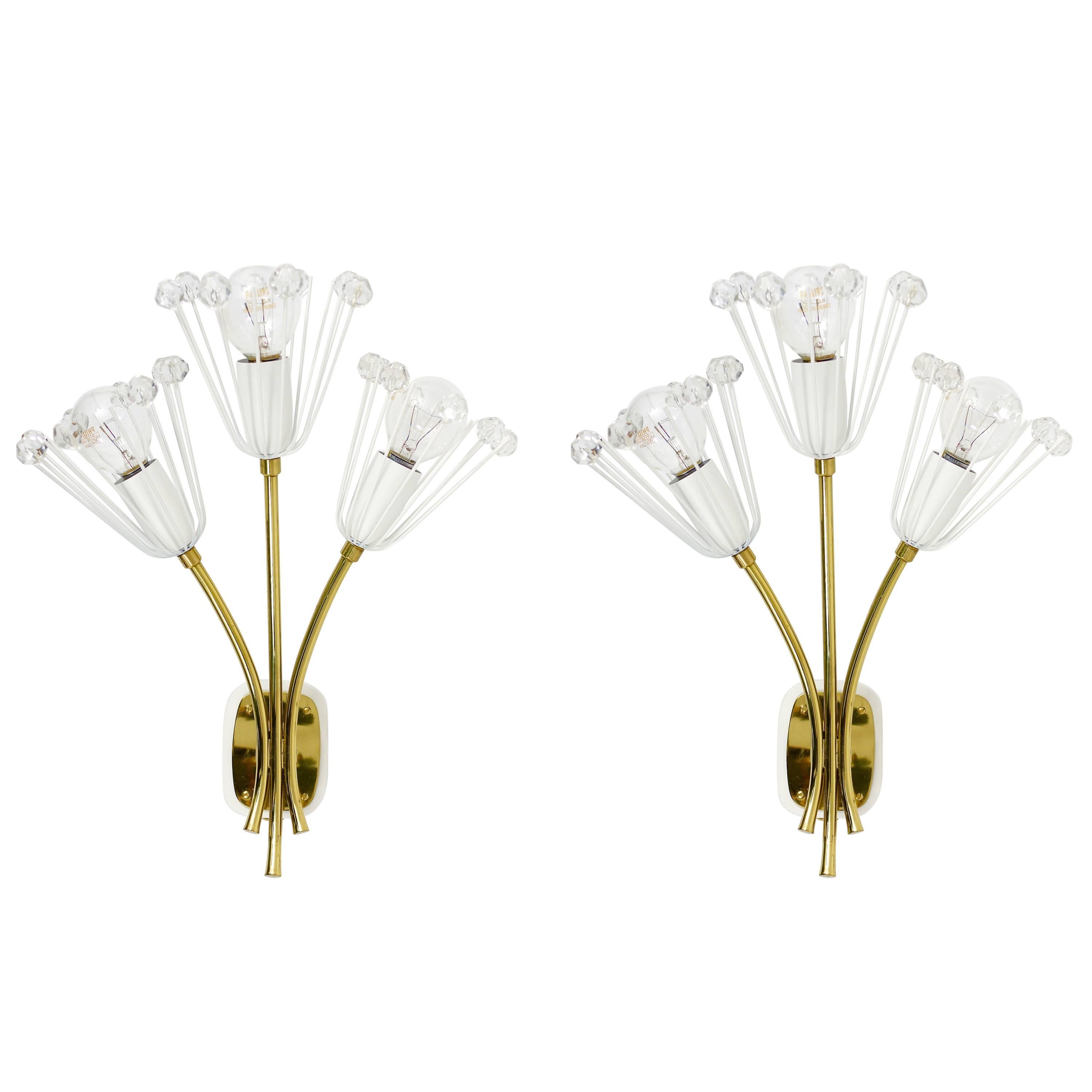 Emil Stejnar Pair Midcentury Brass Flower Sconces, Rupert Nikoll, Austria, 1950s