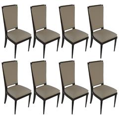 Mid Century Set of Eight Cerused Oak Upholstered Dining Chairs, France
