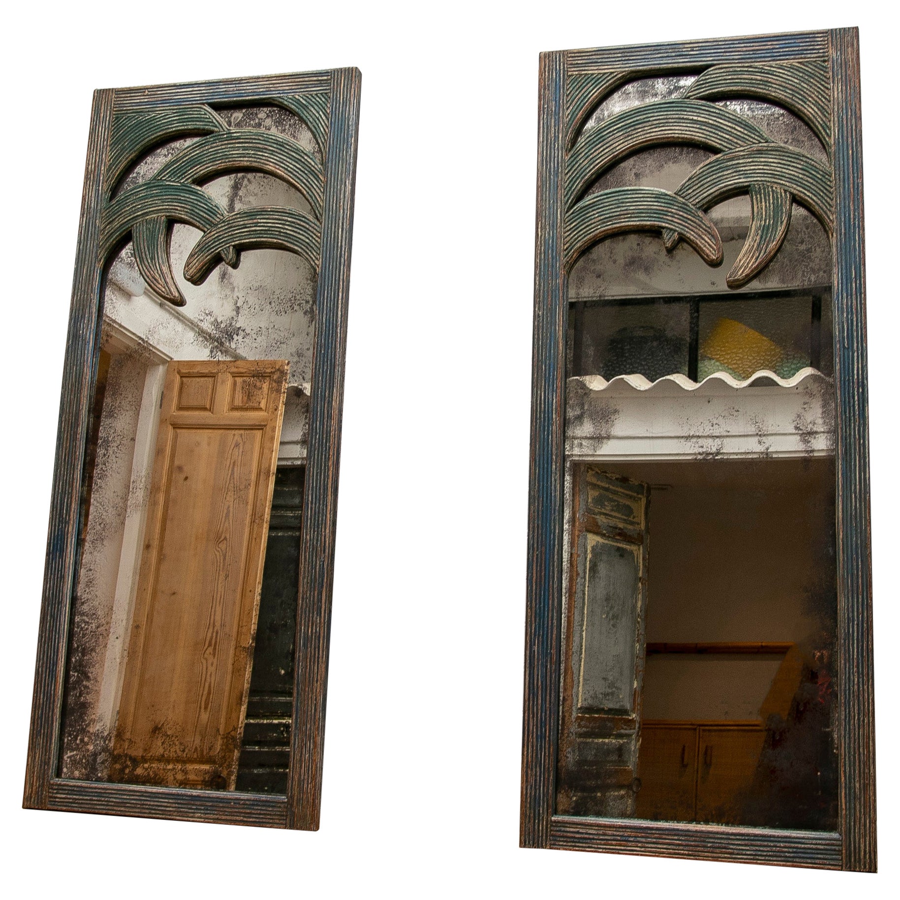 Pair of Bamboo Mirrors Polychromed in Blue Tones For Sale