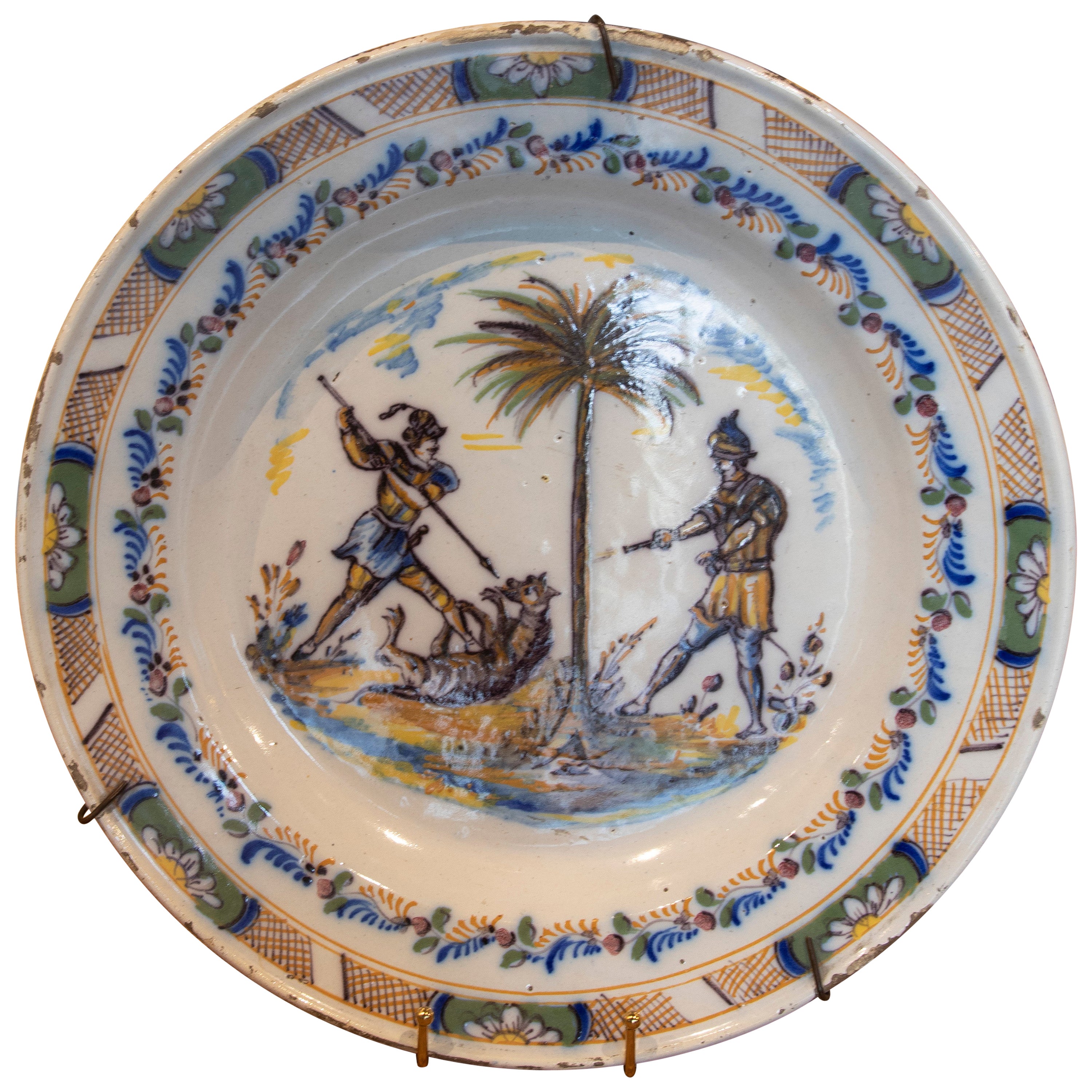 18th Century Spanish, Hand-Painted Glazed Ceramic Plate from Triana For Sale