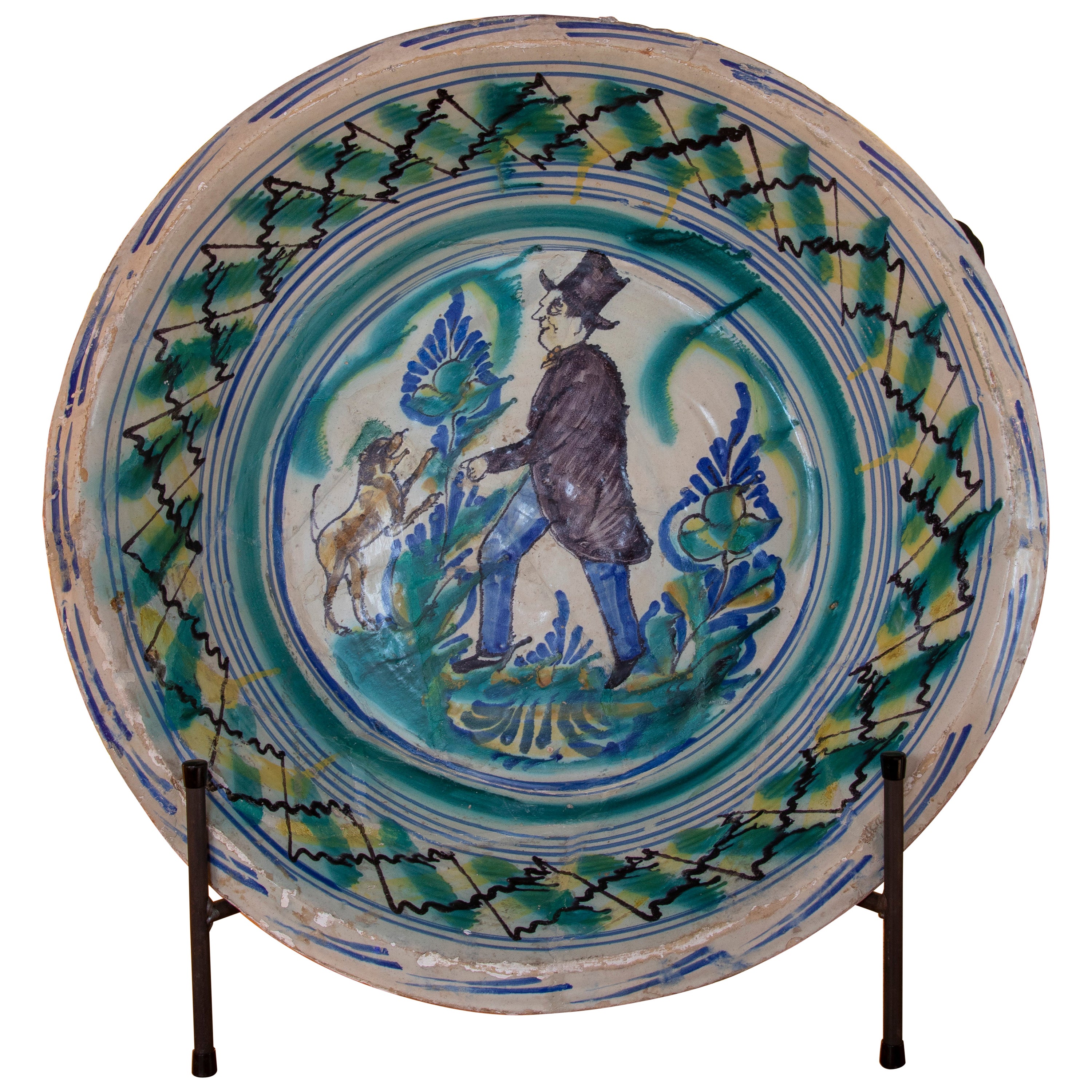 19th Century Spanish Triana "Lebrillo" Ceramic Plate with Painted Person and Dog
