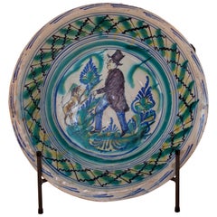 19th Century Spanish Triana "Lebrillo" Ceramic Plate with Painted Person and Dog