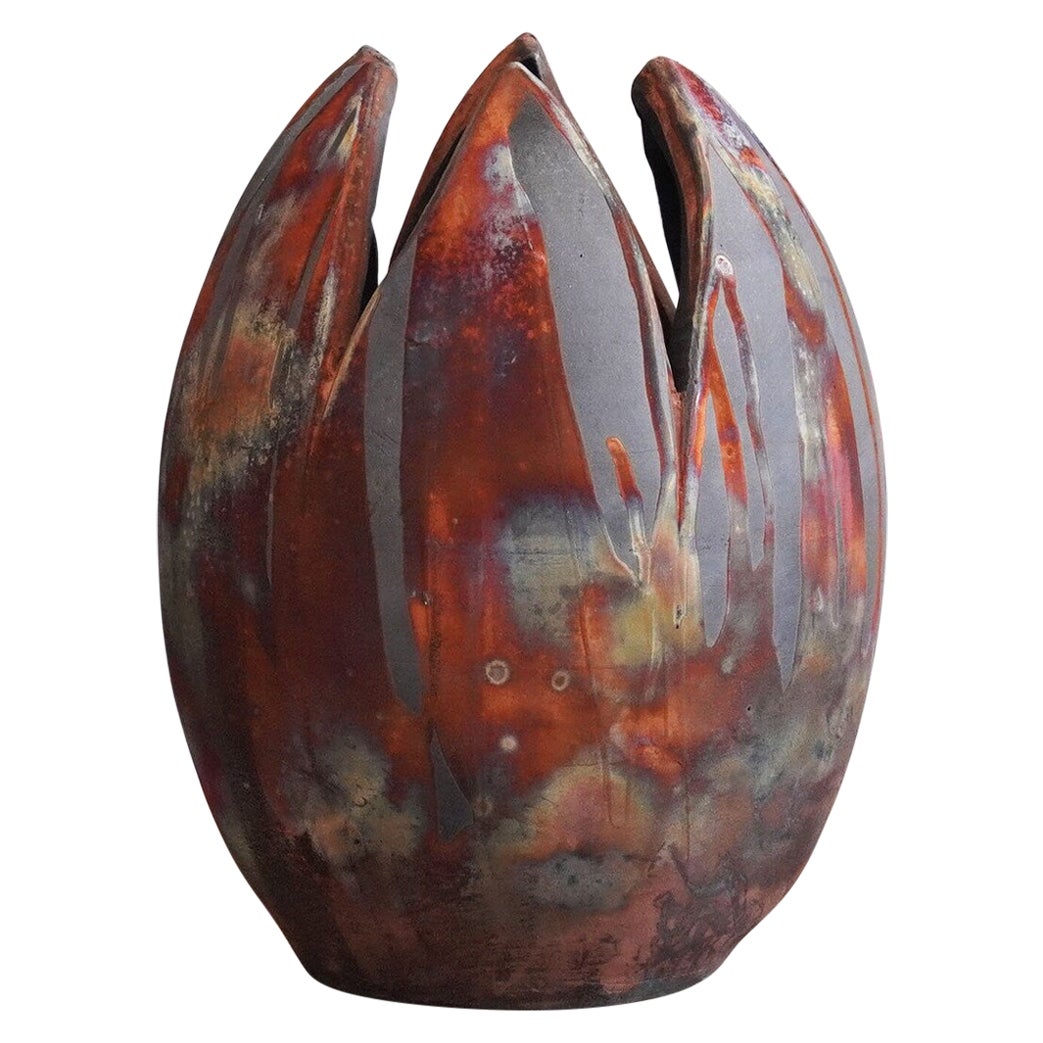 Grand vase à fleurs en cuivre au carbone, décoration en céramique Raku, sur commande