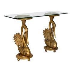 Retro Gilded Carved Wood Swan Console Table