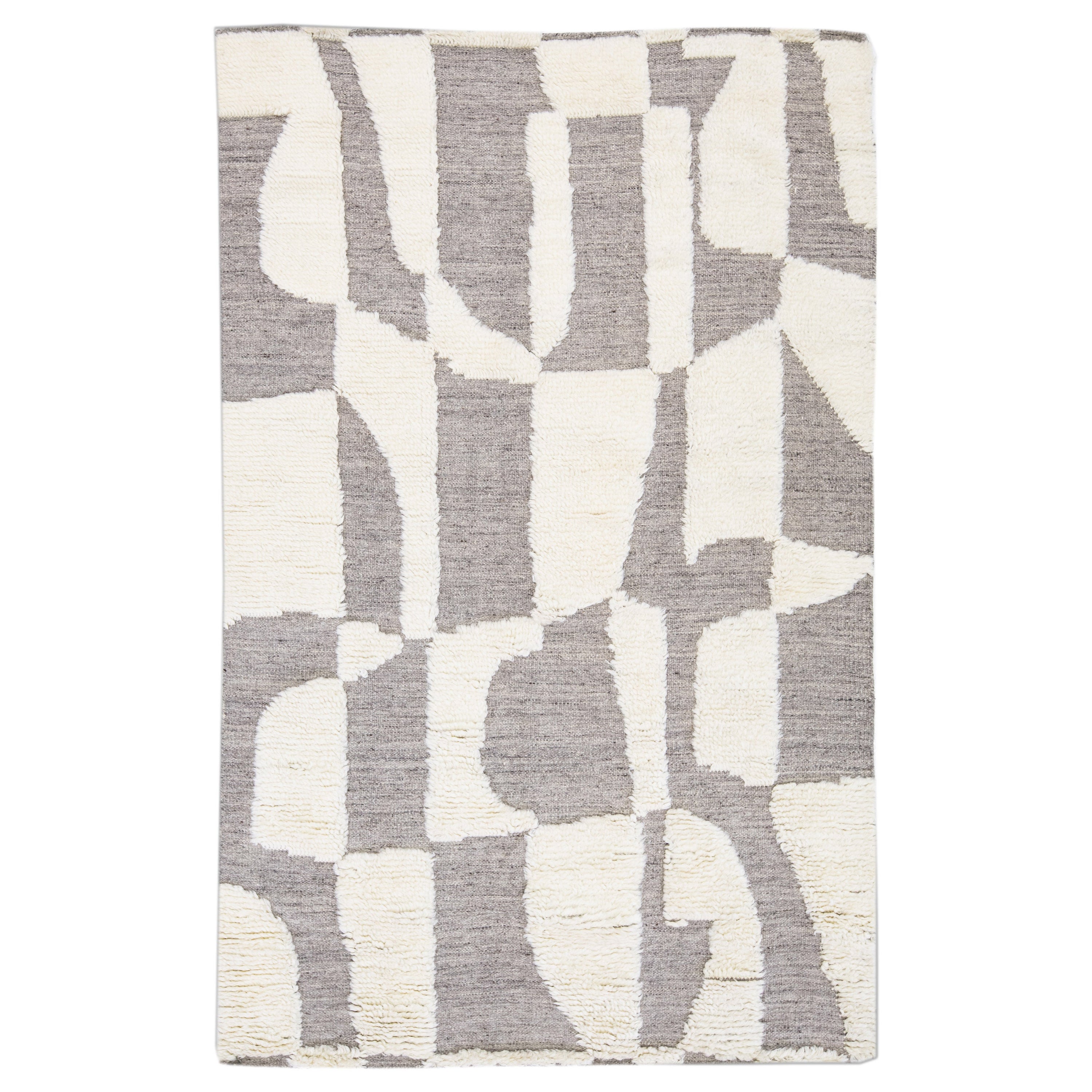Modern Abstract Moroccan Style Handmade Wool Rug in White & Gray by Apadana For Sale