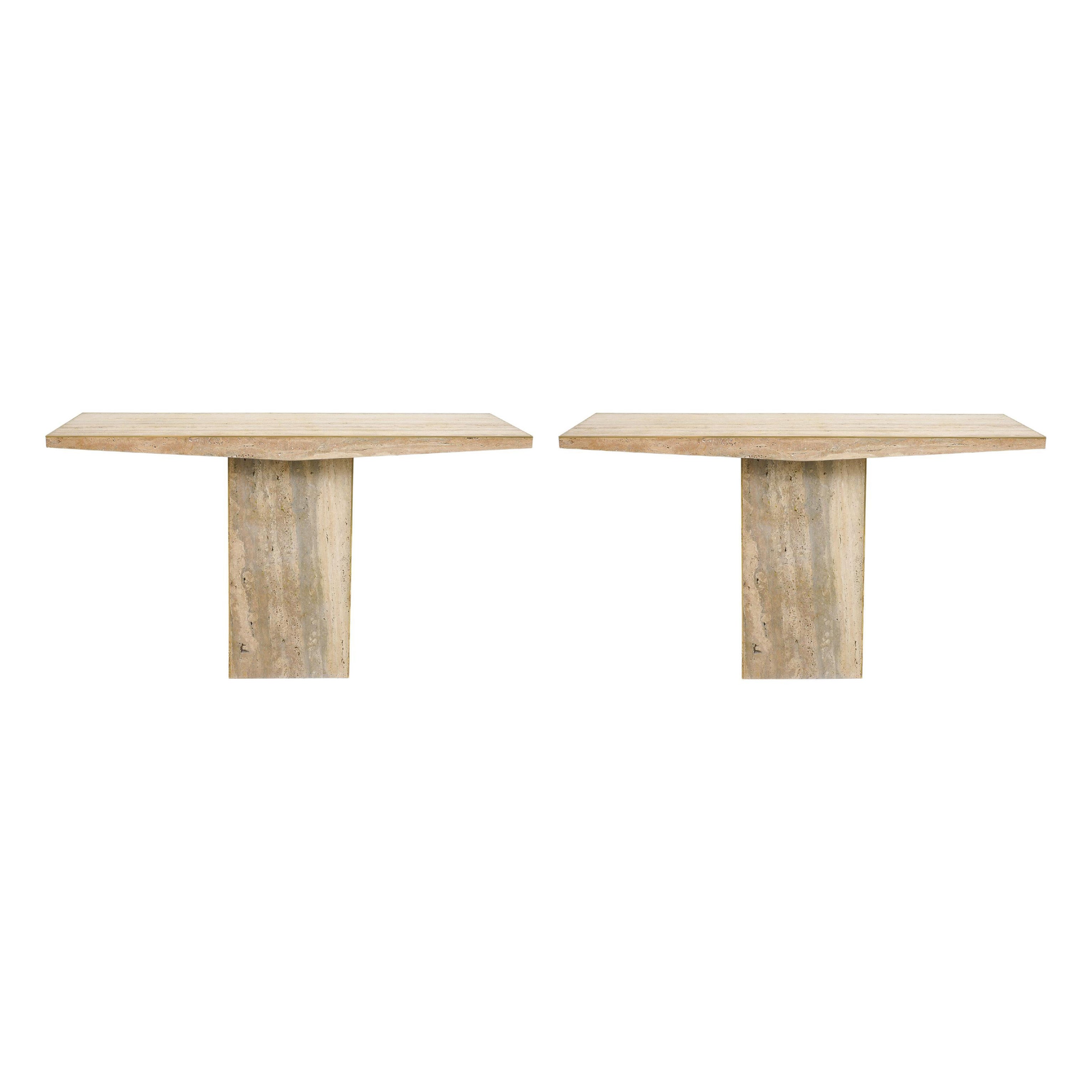 Pair of Italian contemporary travertine consoles with brass banding For Sale