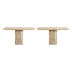 Sculptural Pair of Contemporary Travertine Consoles with Brass Banding