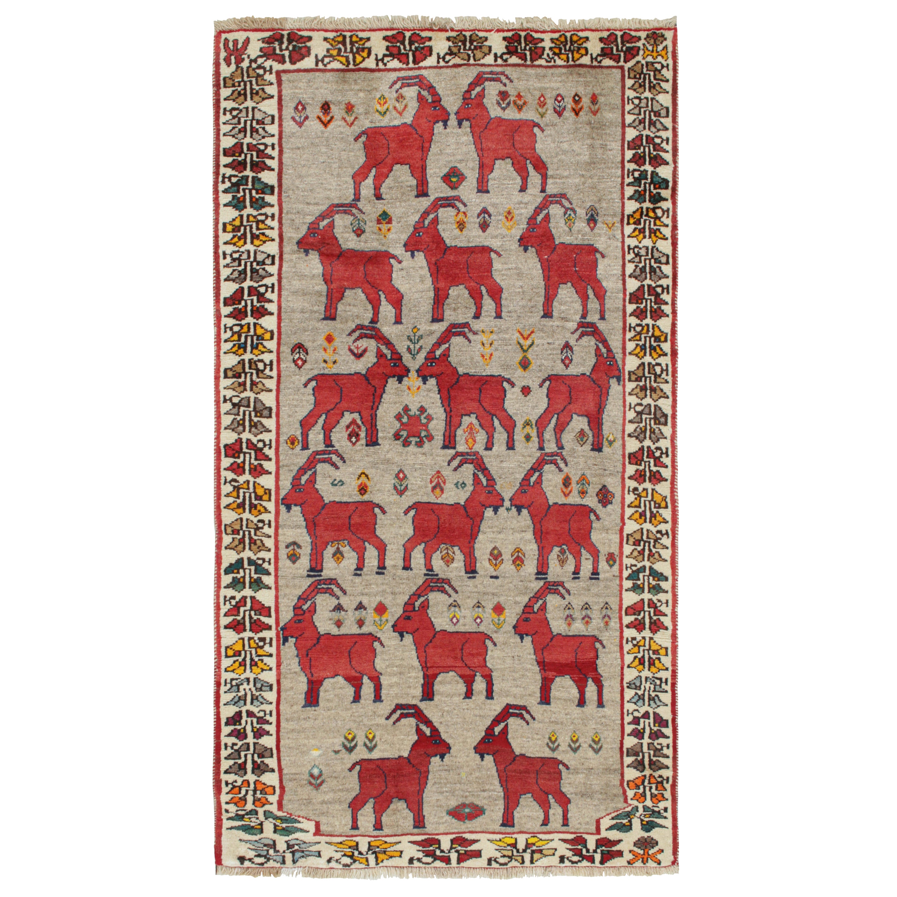 Tapis tribal persan vintage beige avec photos d'animaux rouges par Rug & Kilim