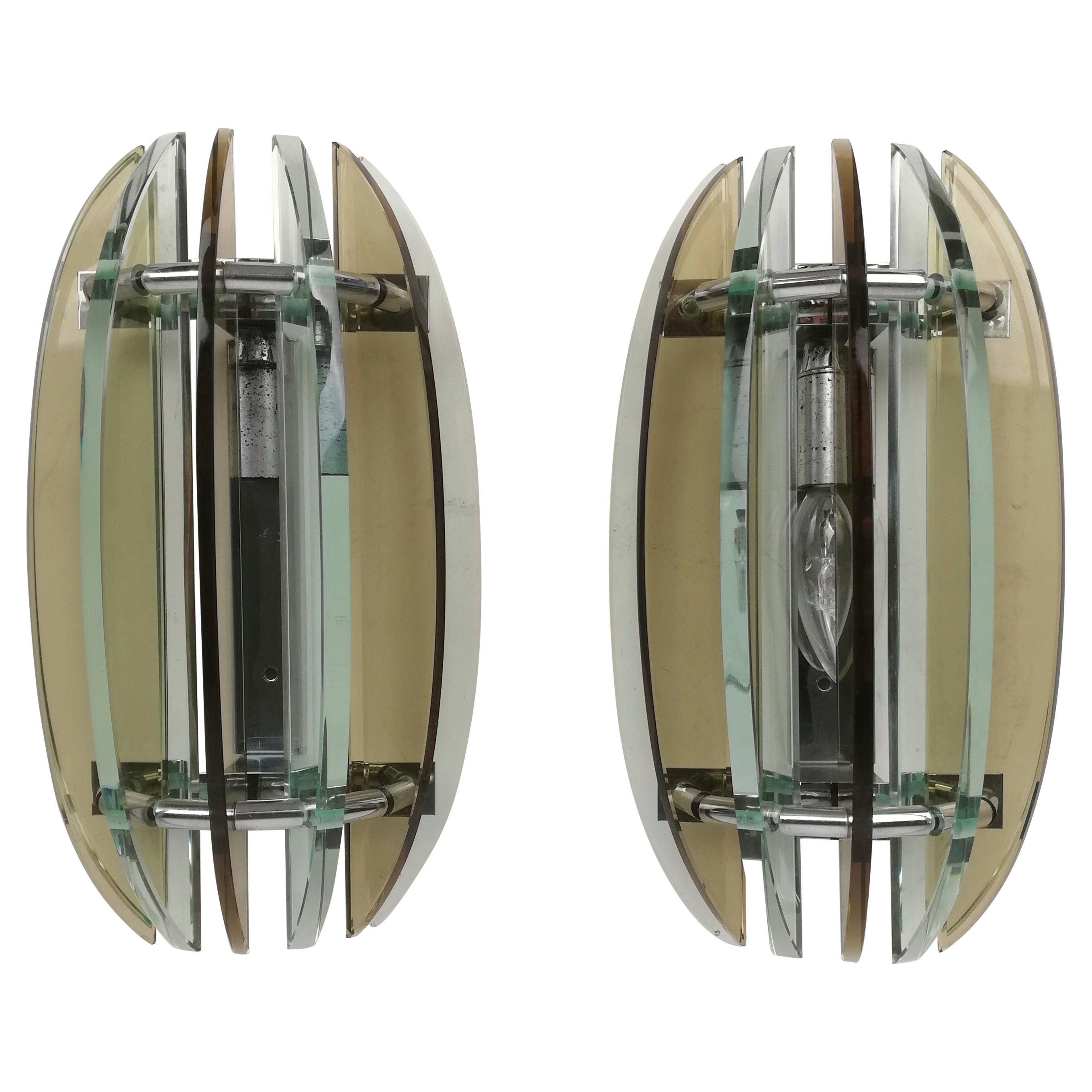 Wall Sconces in Colored Glass and Chrome from Veca, Italy, 1970s, Set of 2 For Sale