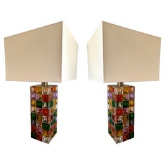 Pair of Multicolor Glass Cube Lamps by Poliarte, Italy, 1970s