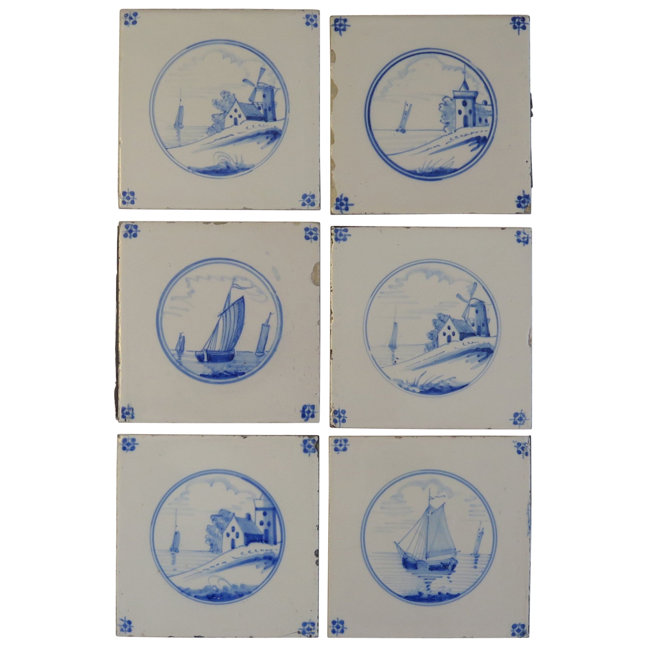 Six Delft Blue and White Tiles All Hand Painted, Dutch, 19th Century