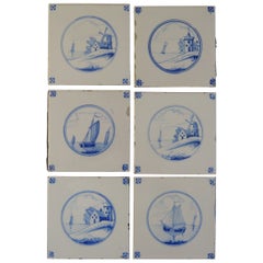 Six Delft Blue and White Tiles All Hand Painted, Dutch, 19th Century