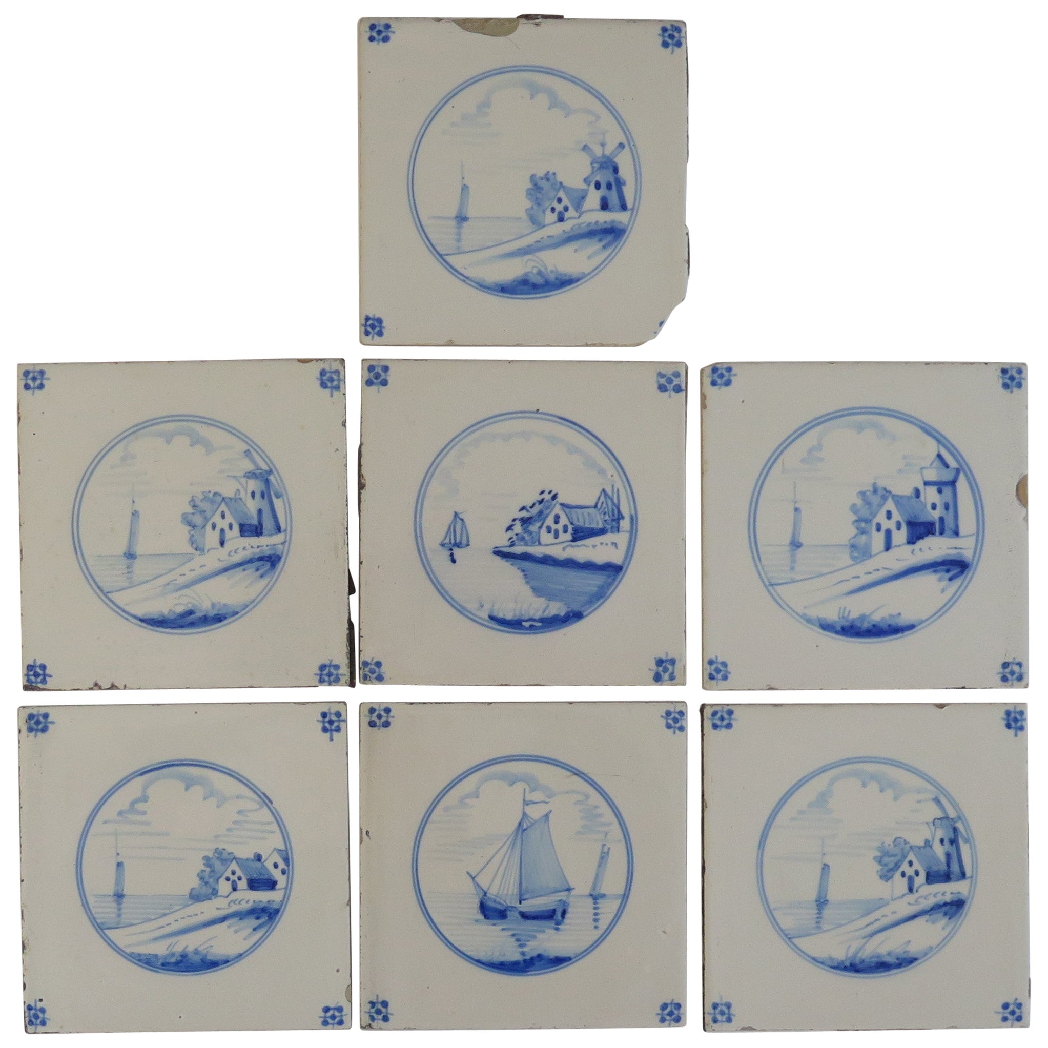 Seven Delft Blue and White Tiles All Hand Painted, Dutch 19th Century