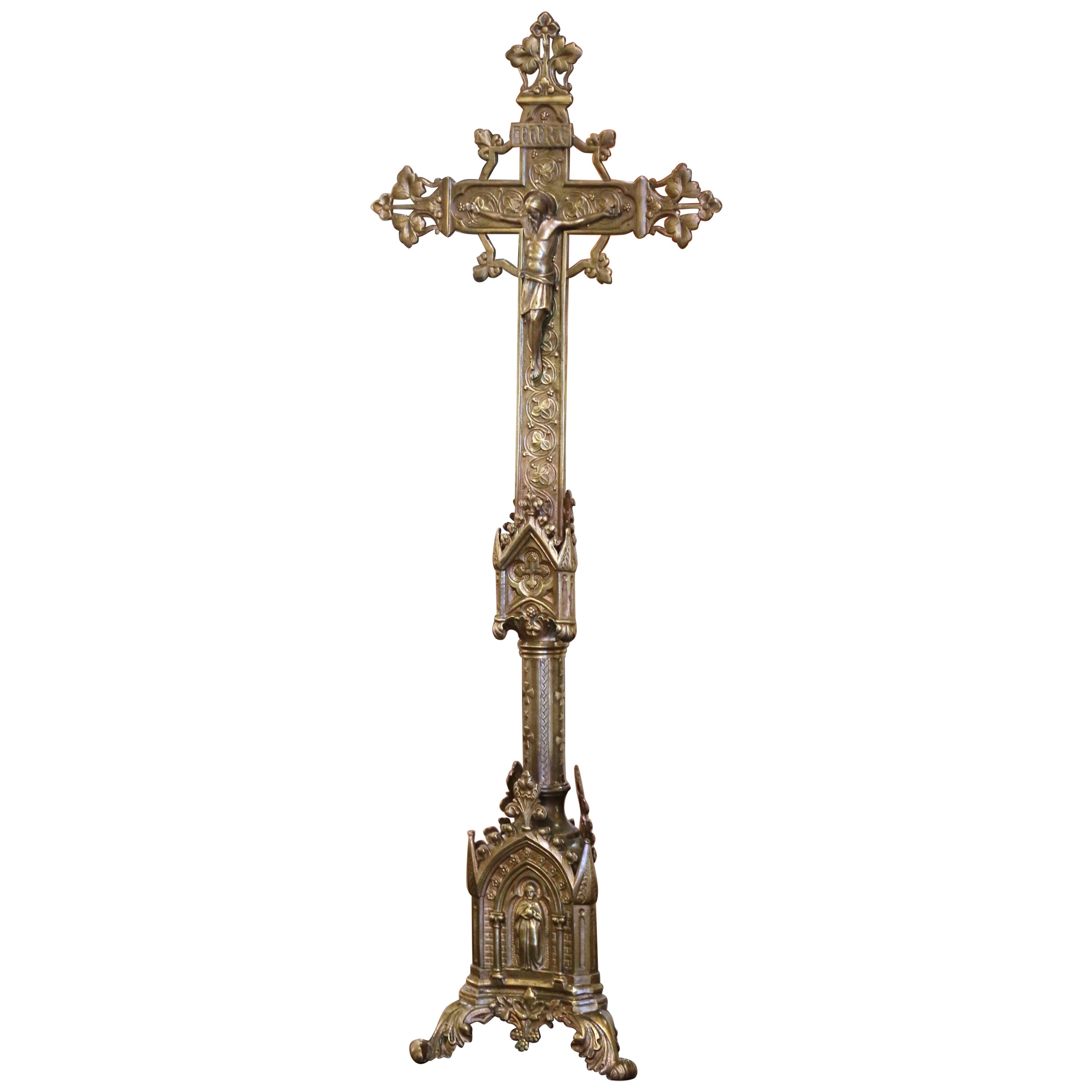 19th Century French Gothic Free Standing Repousse Brass Church Crucifix