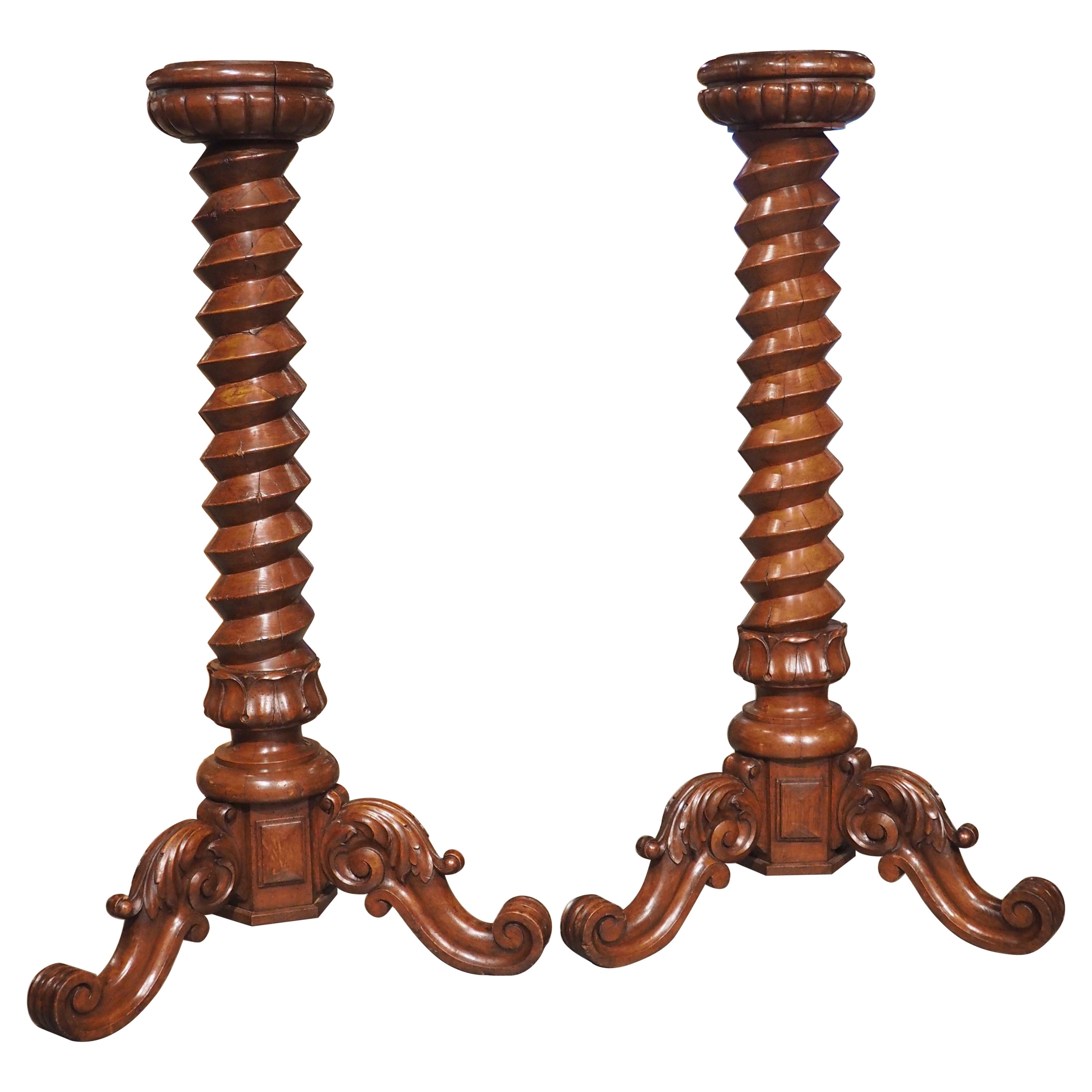 Rare Pair of Antique Wine Press Screw Sellettes in Carved Walnut, circa 1850 For Sale