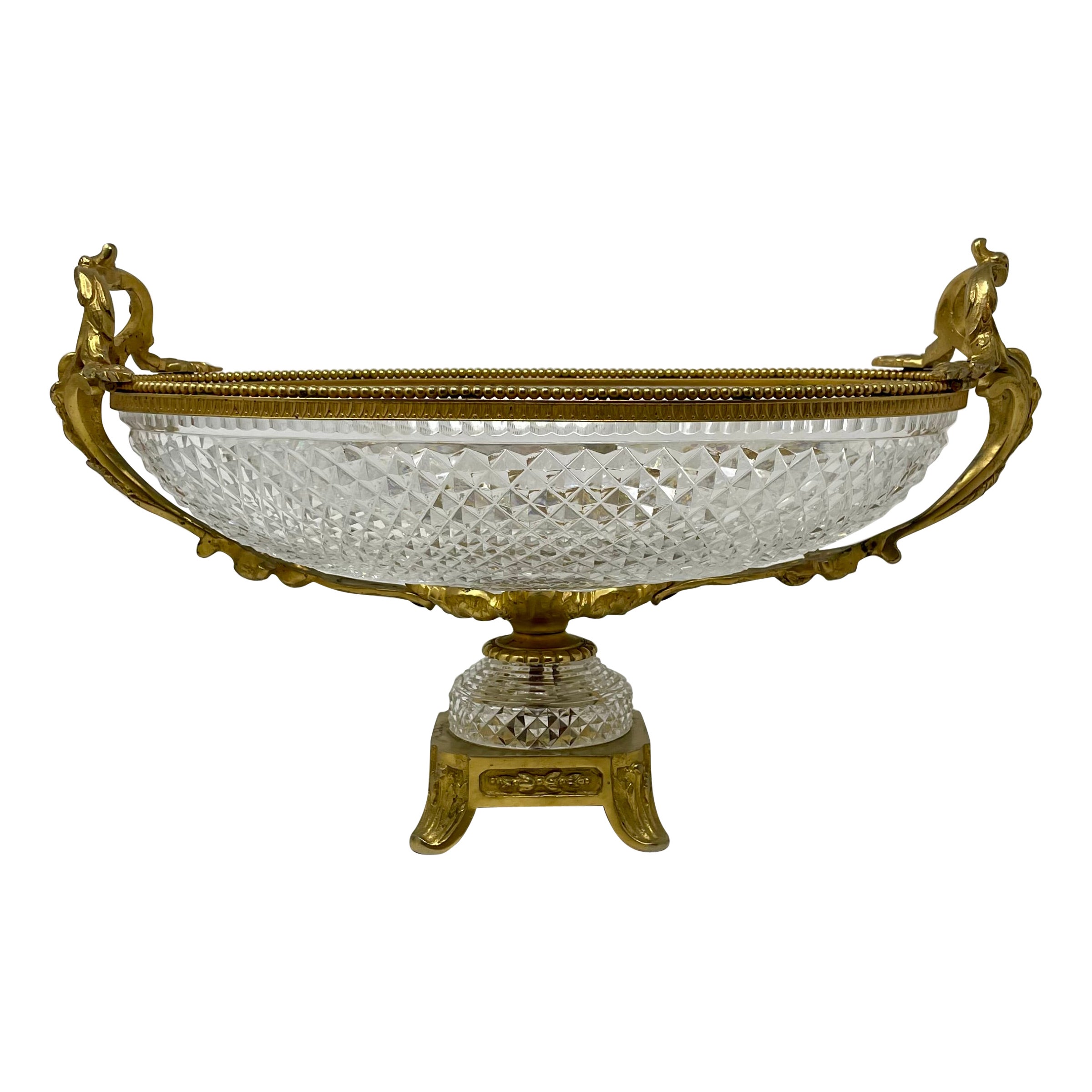 Centre de table français ancien en cristal taillé en bronze d'or