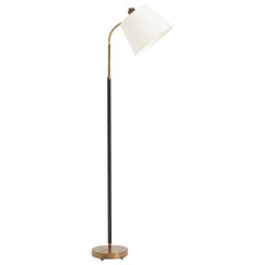 Mid-Century Brass and Black Leather Reading Floor Lamp