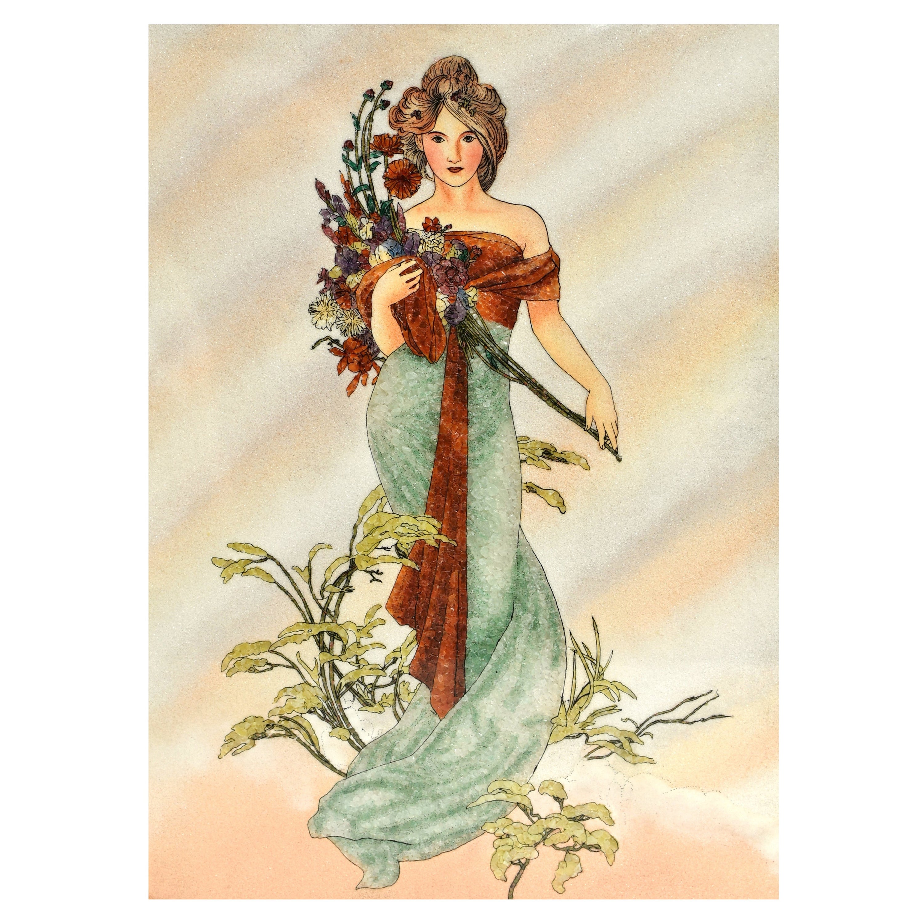 Peinture Art Nouveau en pierre précieuse représentant une déesse du printemps