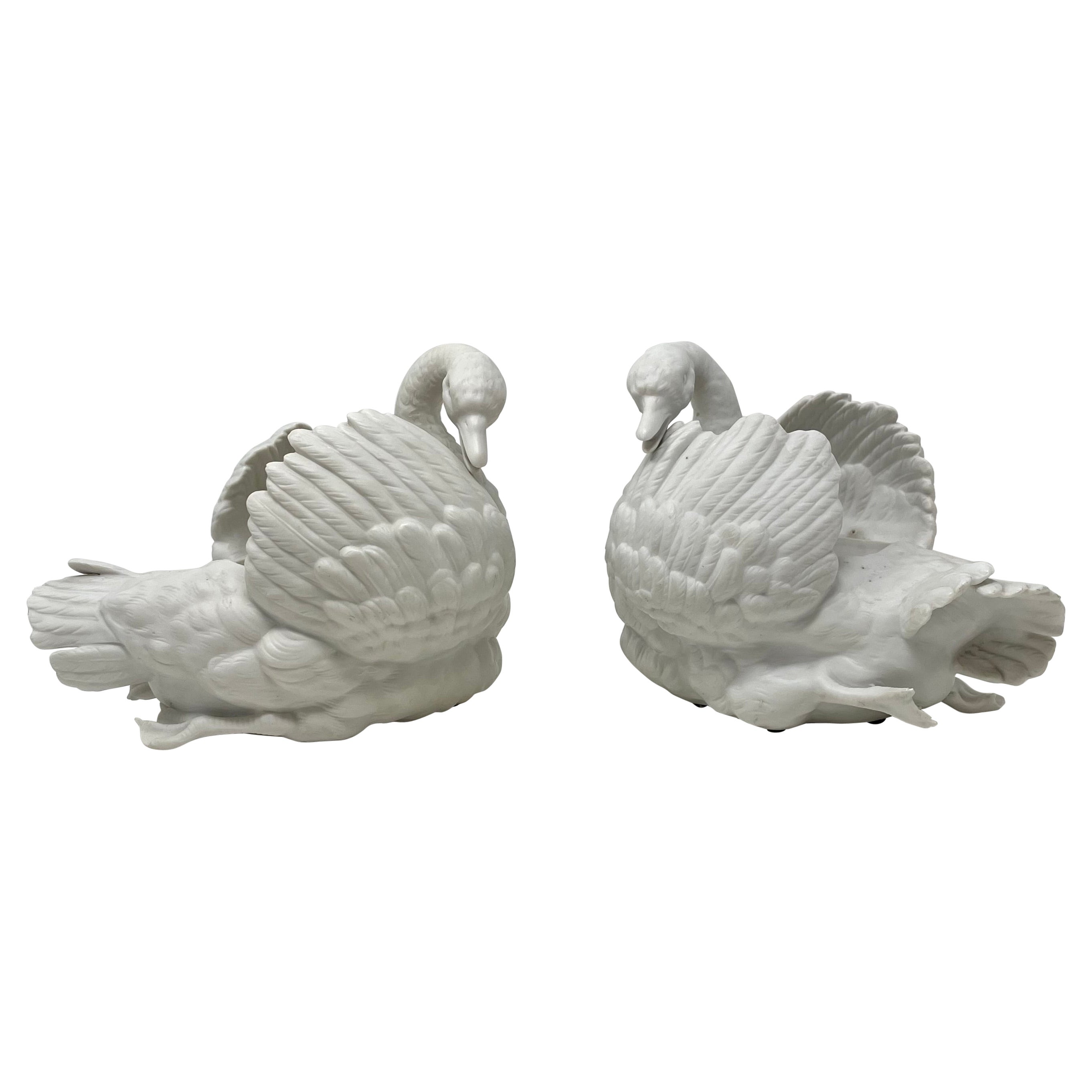 Pair Antique French Bisque Porcelain Swan Jardinieres For Sale