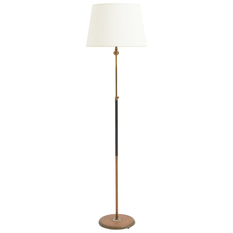 Brass and Black Leather Floor Lamp For Sale at 1stDibs